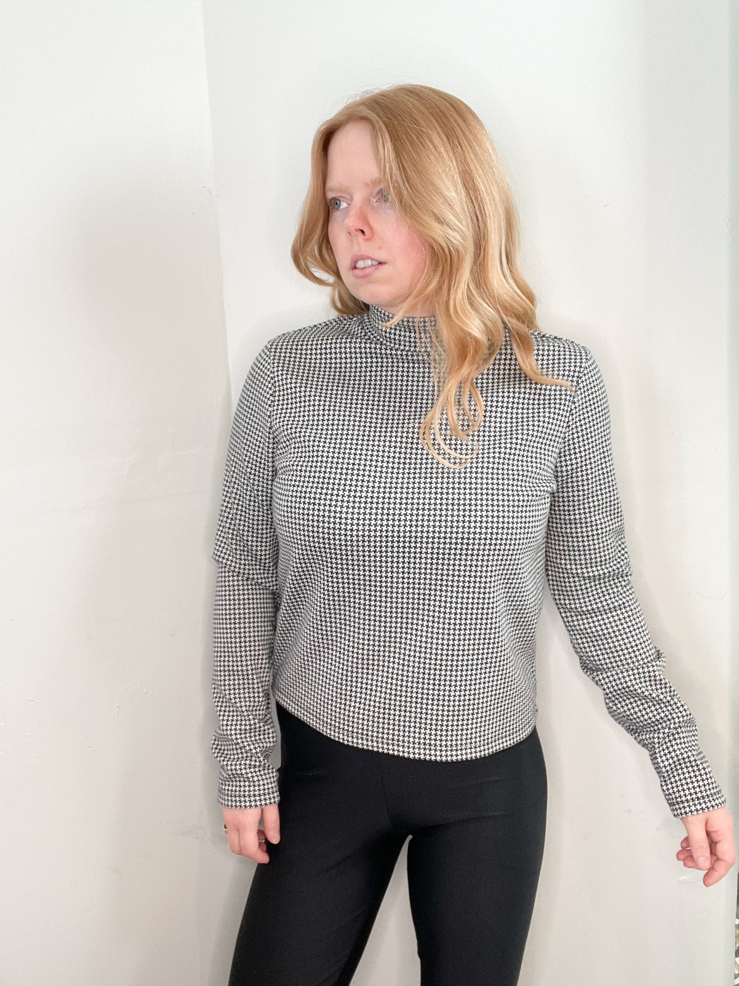 Black Mock Neck Mini Houndstooth Print Top - Medium