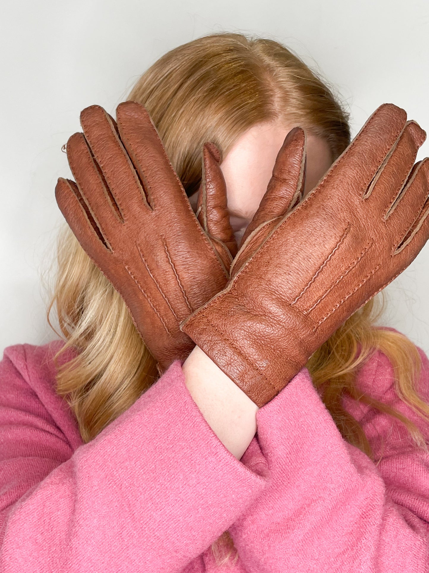 Vintage Brown Genuine Leather Wool Lined Gloves - Size 7