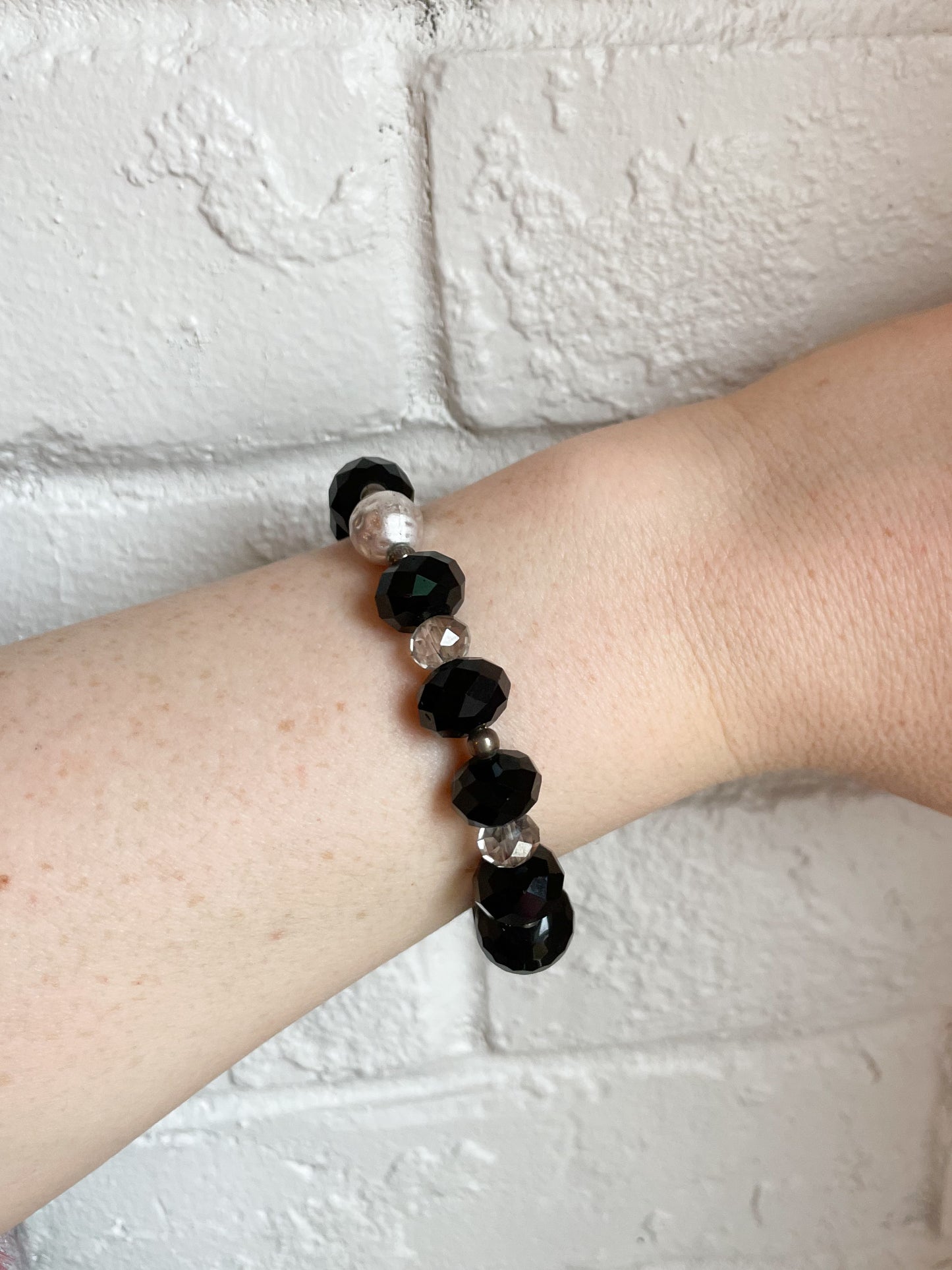 Black Silver Crystal Bauble Stretch Bracelet