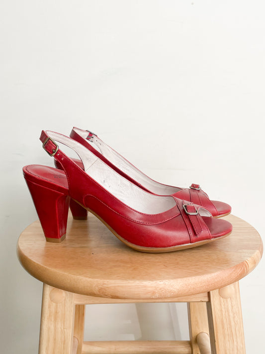 Comfortable by Blondo Red Genuine Leather Slingback Peeptoe Heels - Size 8