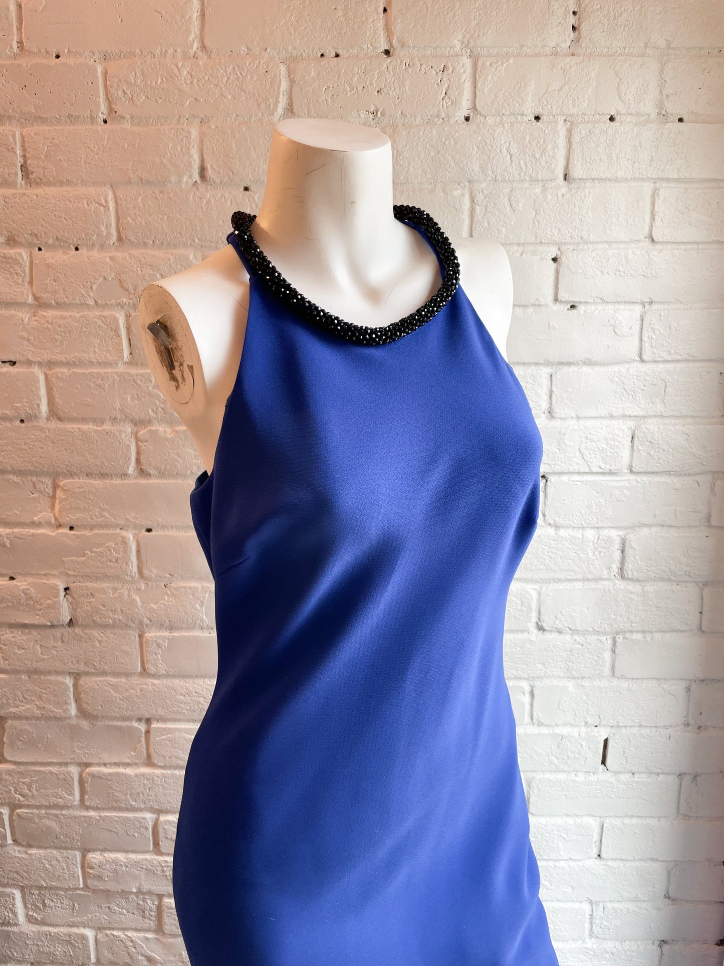 Calvin Klein Royal Blue Halter Beaded Neck Maxi Sheath Dress with Chapel Train - Size 4