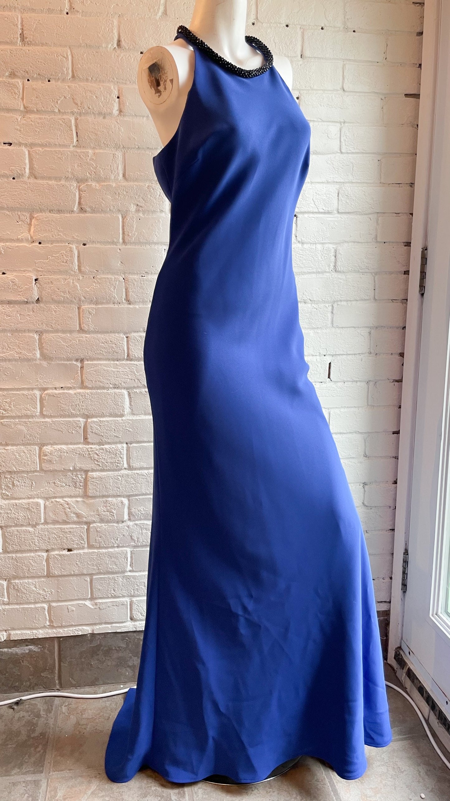 Calvin Klein Royal Blue Halter Beaded Neck Maxi Sheath Dress with Chapel Train - Size 4