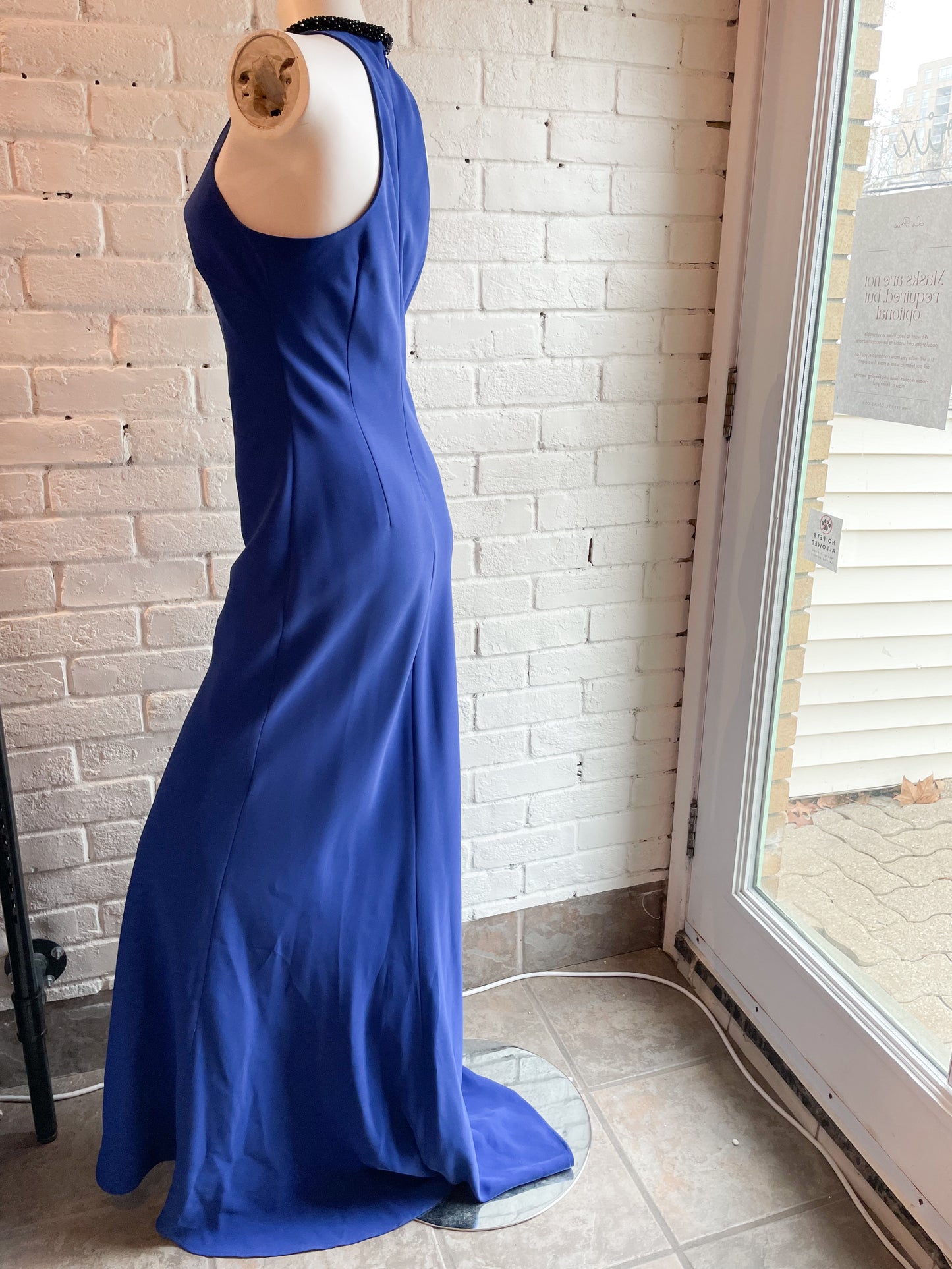 Calvin Klein Royal Blue Halter Beaded Neck Maxi Sheath Dress with Chapel Train - Size 4