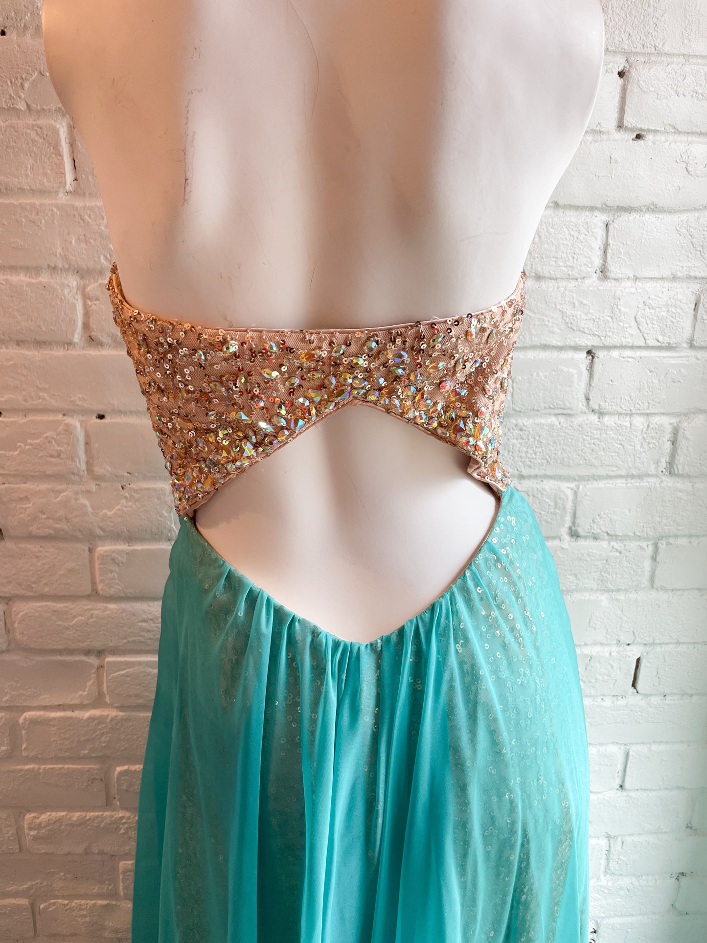 La Femme Champagne Sequin Strapless Turquoise Chiffon Flutter Hem Maxi Dress - Size 4