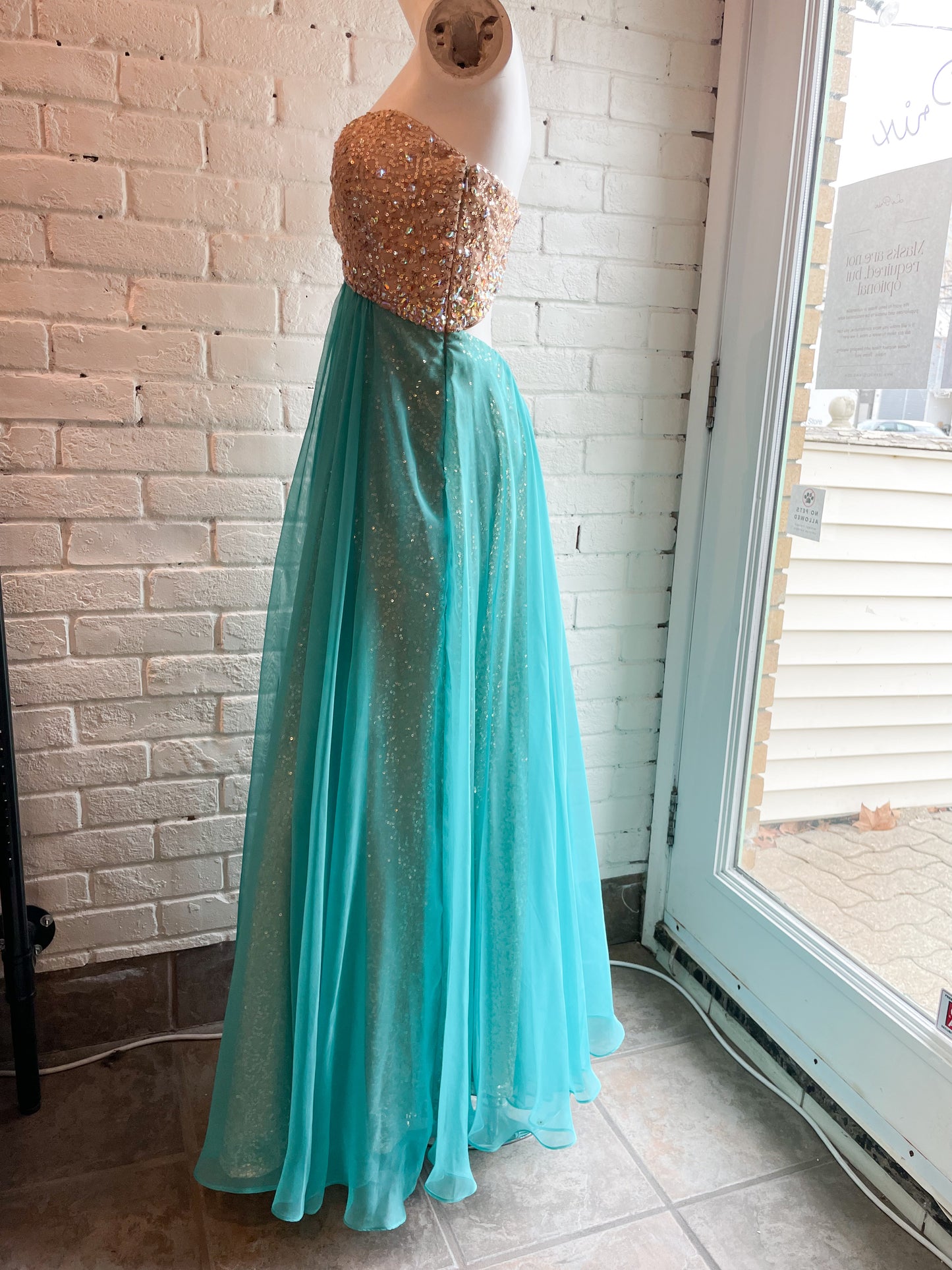 La Femme Champagne Sequin Strapless Turquoise Chiffon Flutter Hem Maxi Dress - Size 4