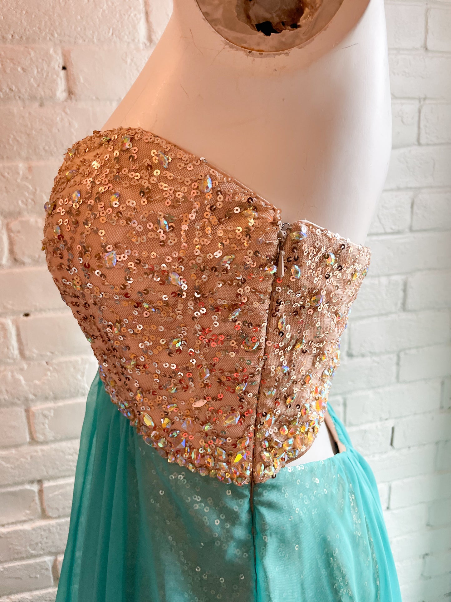 La Femme Champagne Sequin Strapless Turquoise Chiffon Flutter Hem Maxi Dress - Size 4