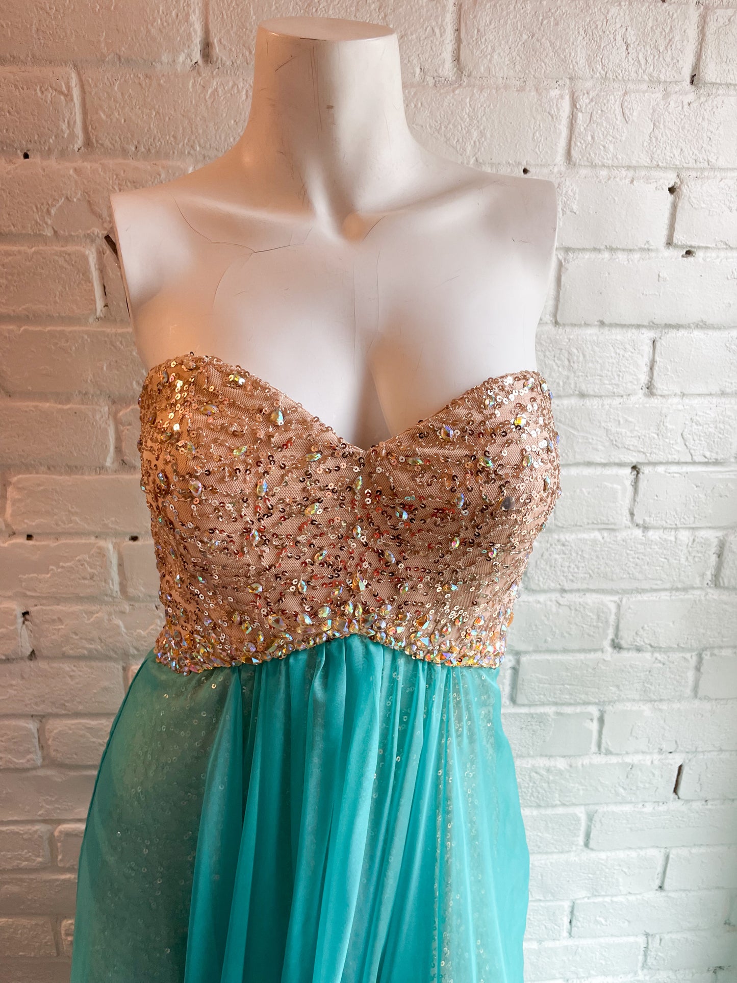 La Femme Champagne Sequin Strapless Turquoise Chiffon Flutter Hem Maxi Dress - Size 4