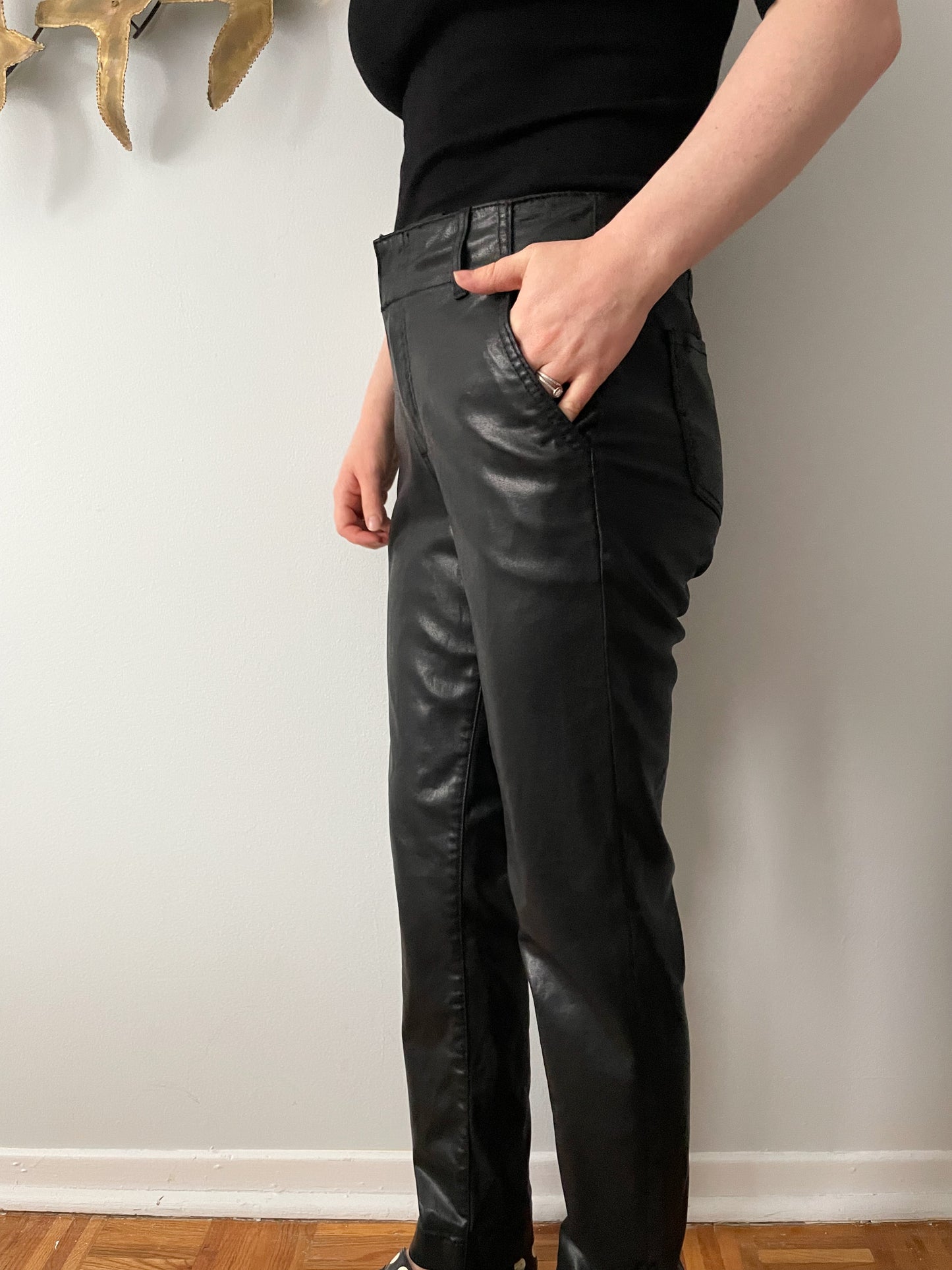 KUT Reese Black Glazed Faux Leather Look Mid Rise Ankle Straight Leg Pants - Size 8L