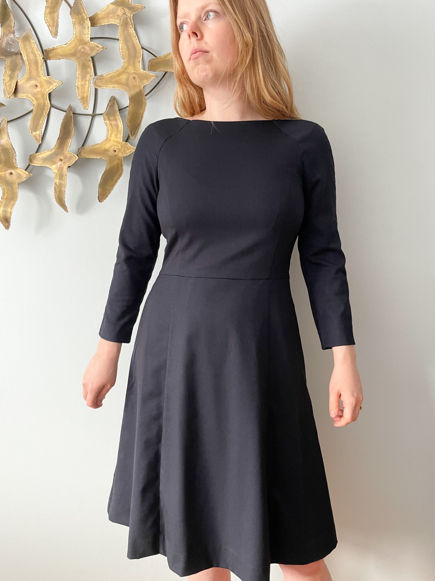 Navy Boat Neck 3/4 Sleeve Fit Flare Dress - Small