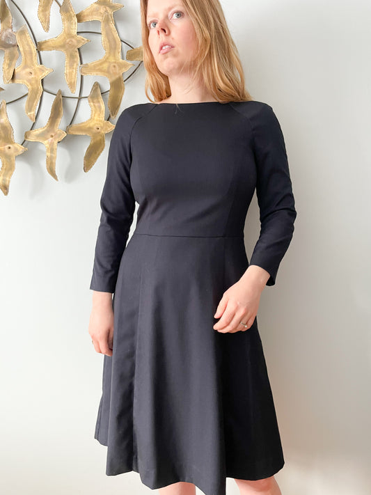 Navy Boat Neck 3/4 Sleeve Fit Flare Dress - Small