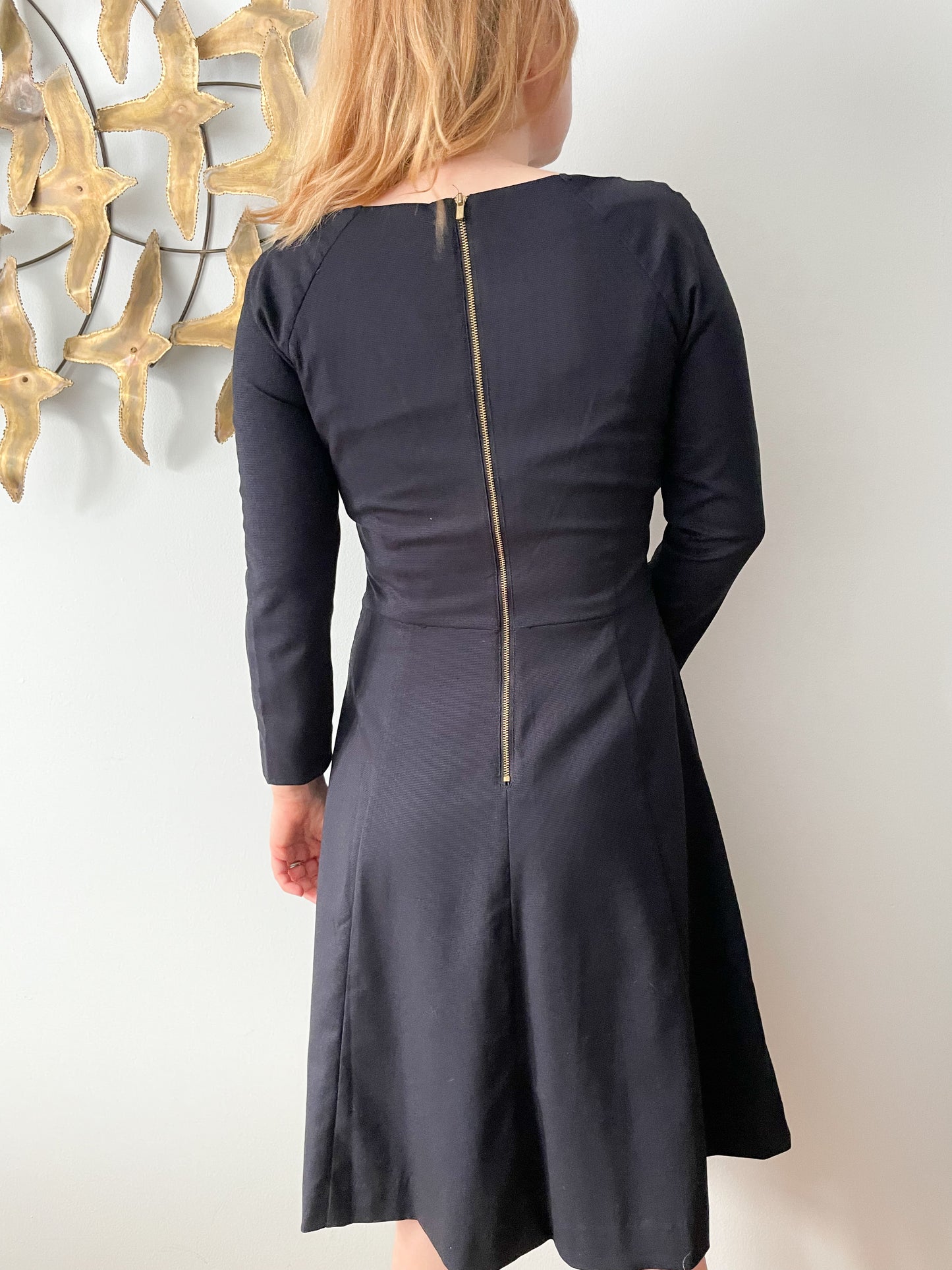 Navy Boat Neck 3/4 Sleeve Fit Flare Dress - Small