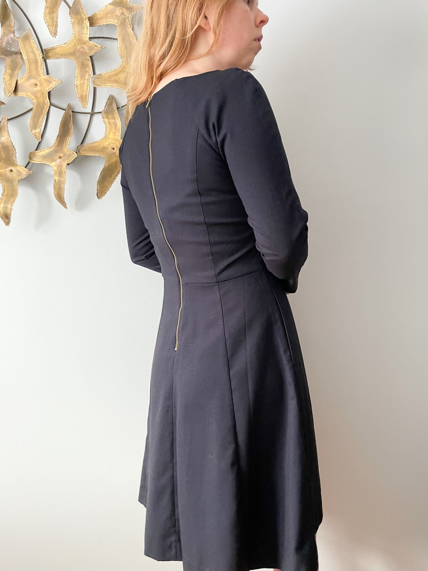 Navy Boat Neck 3/4 Sleeve Fit Flare Dress - Small