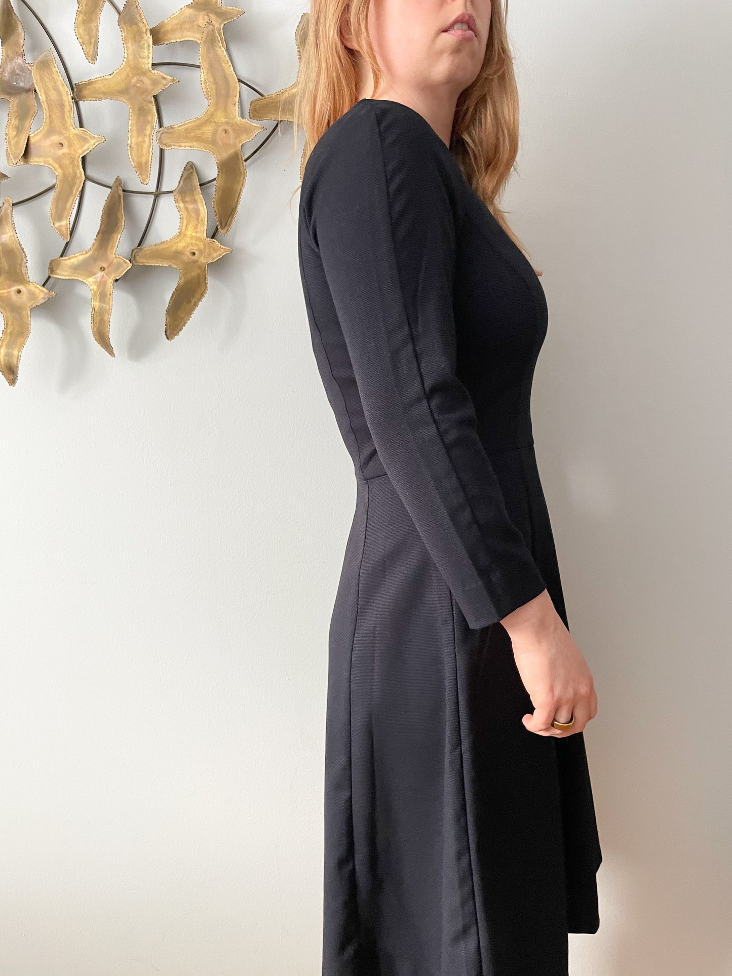 Navy Boat Neck 3/4 Sleeve Fit Flare Dress - Small