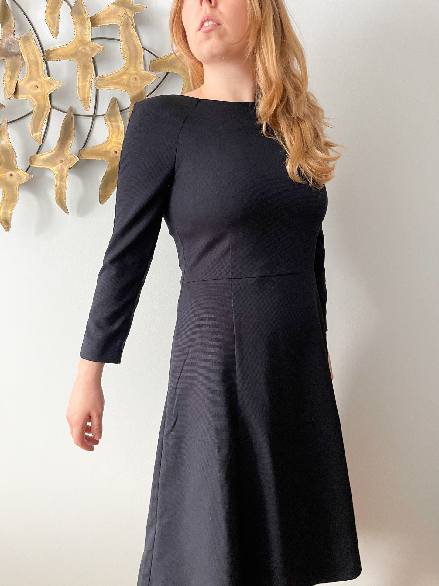 Navy Boat Neck 3/4 Sleeve Fit Flare Dress - Small