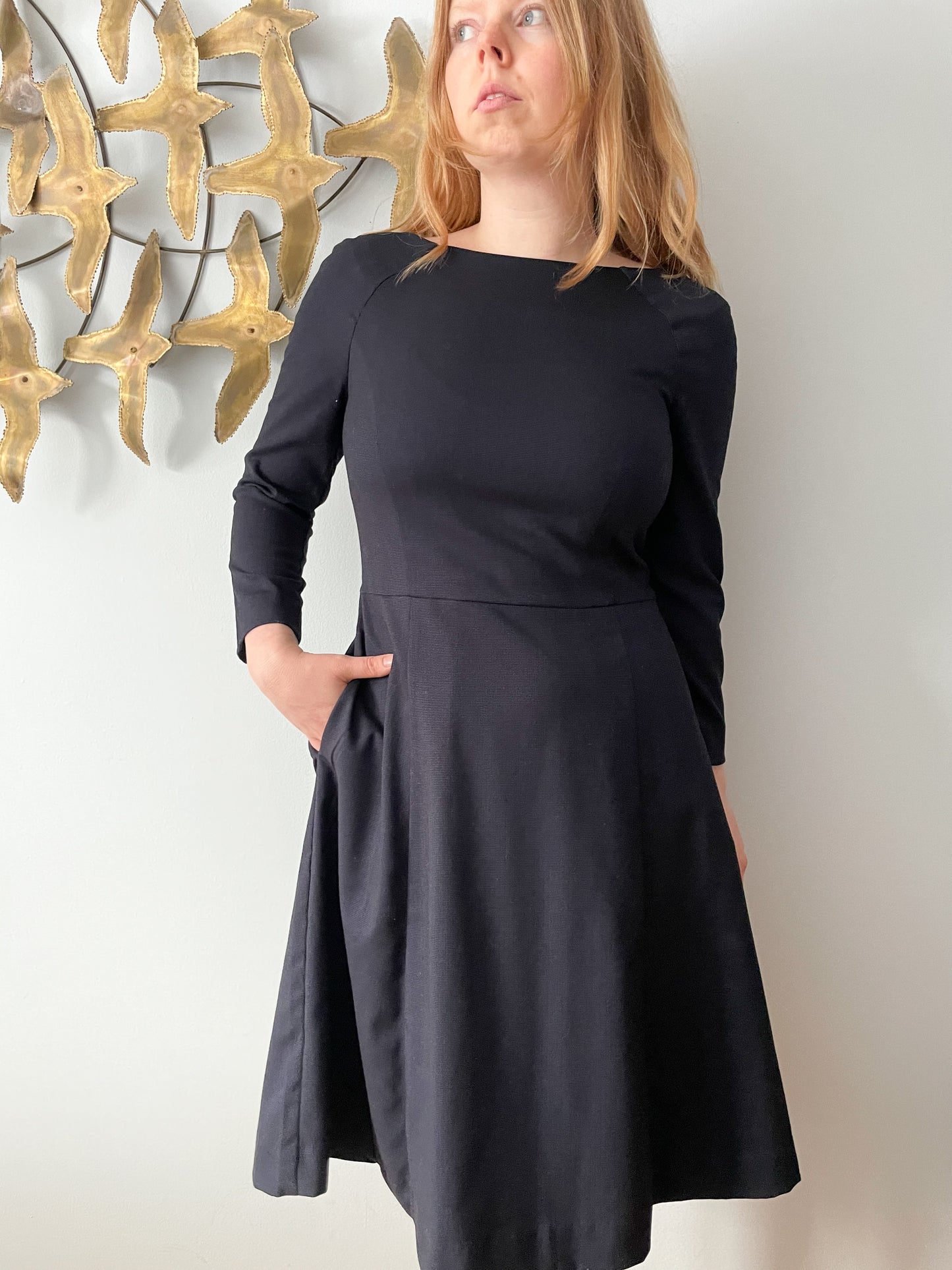 Navy Boat Neck 3/4 Sleeve Fit Flare Dress - Small