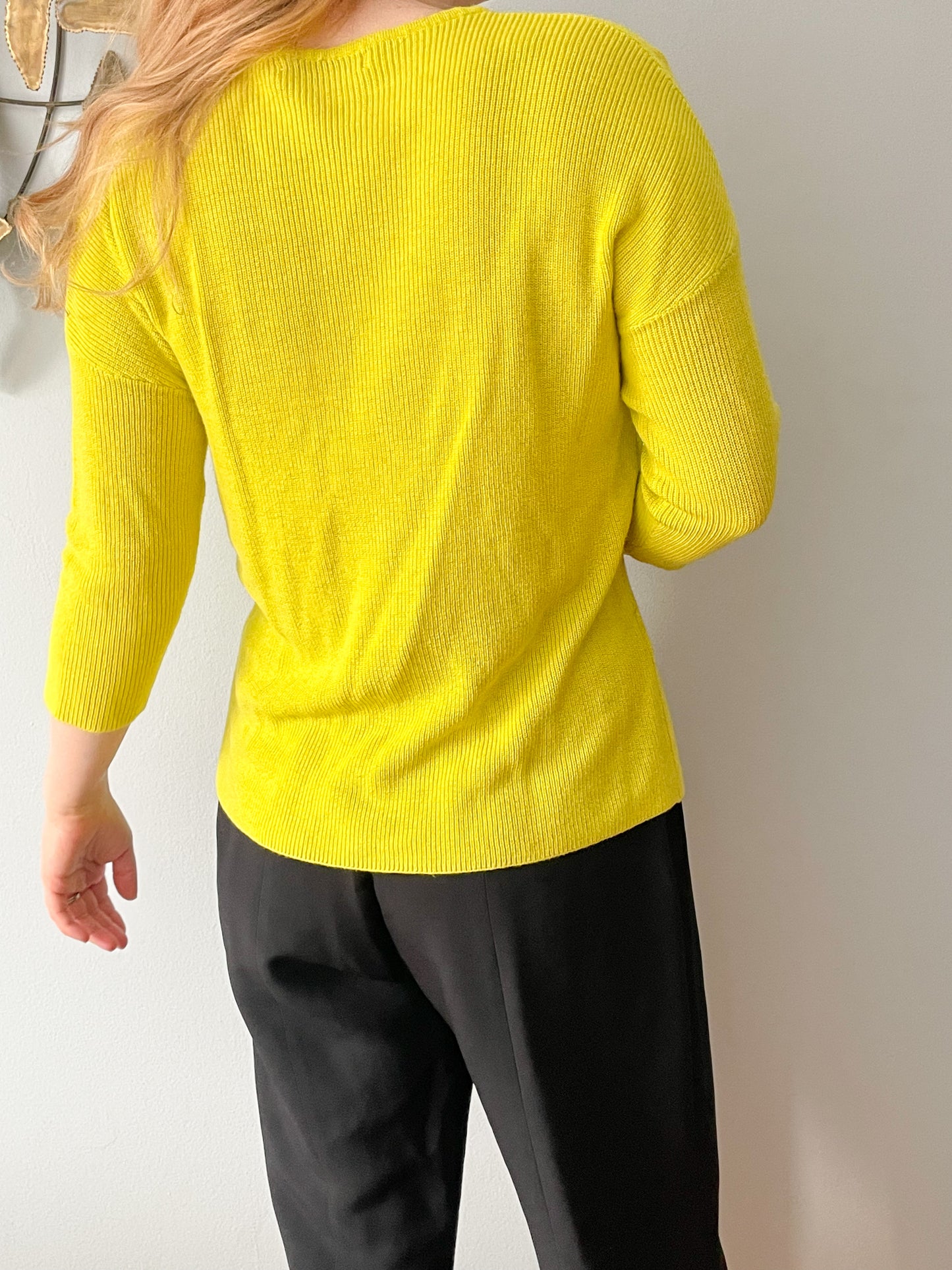 Mango Chartrues Yellow Knit V-Neck 3/4 Sleeve Sweater - M/L