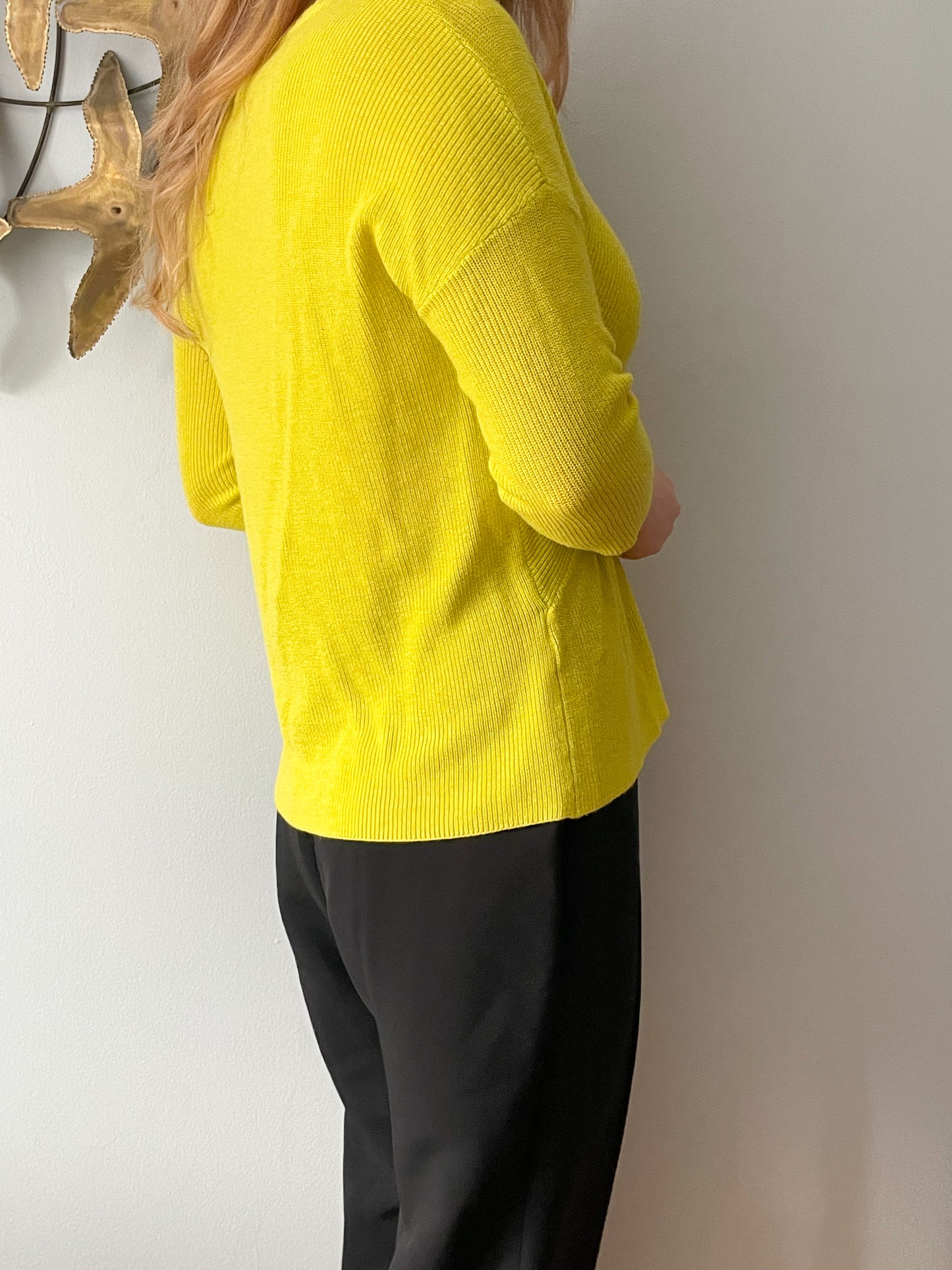 Mango Chartrues Yellow Knit V-Neck 3/4 Sleeve Sweater - M/L