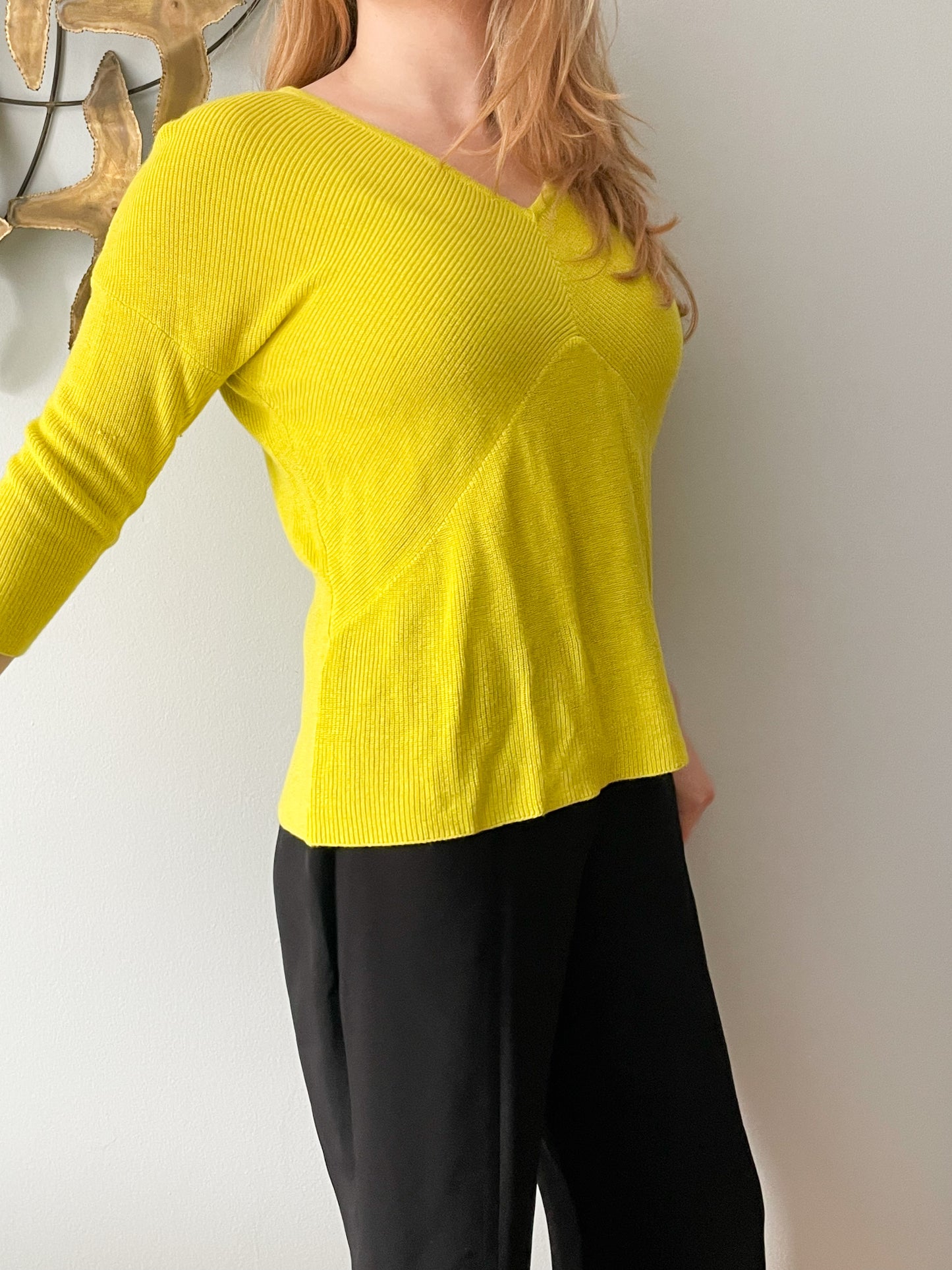 Mango Chartrues Yellow Knit V-Neck 3/4 Sleeve Sweater - M/L