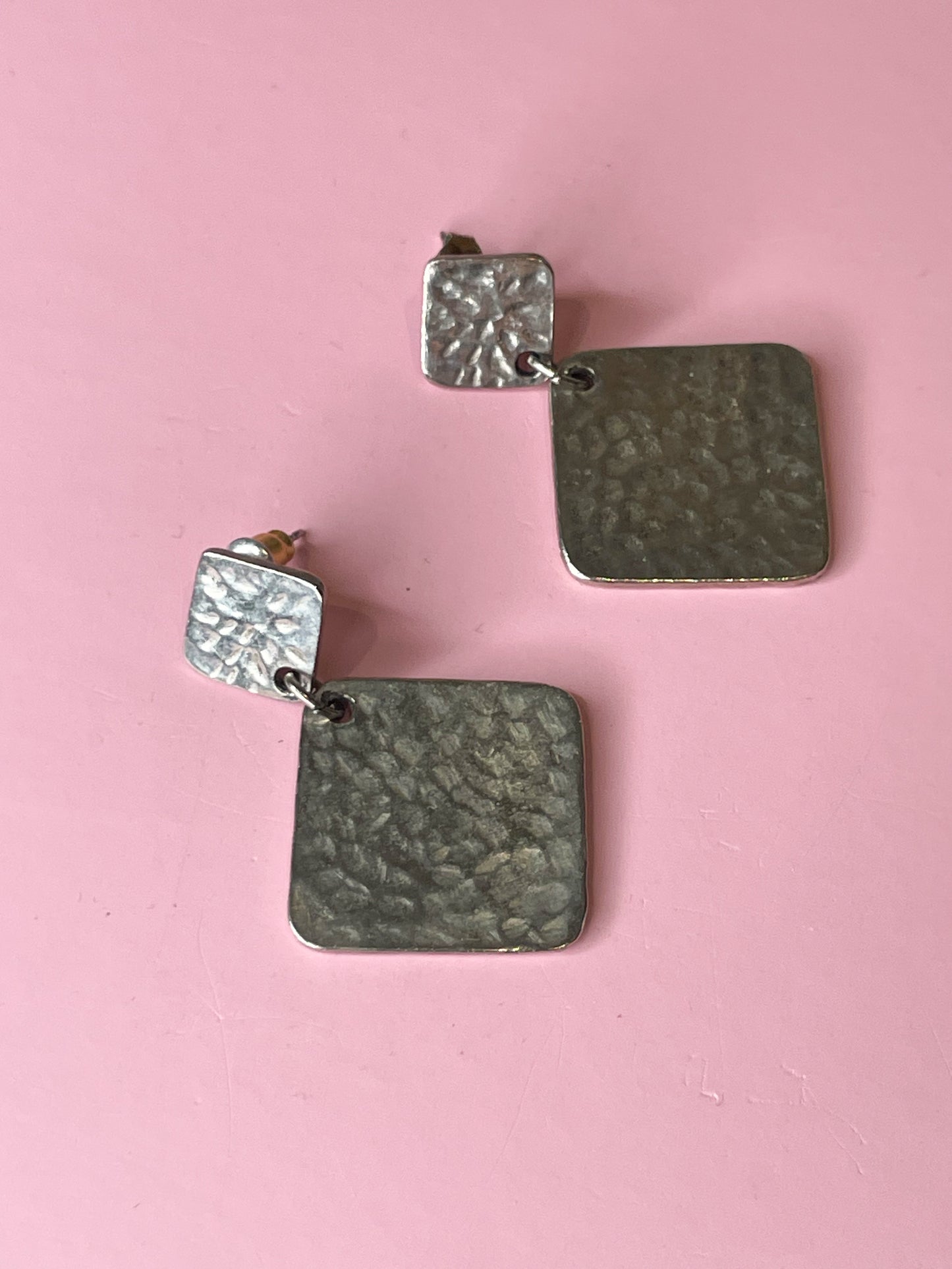 Silver Hammered Two Square Dangle Earrings