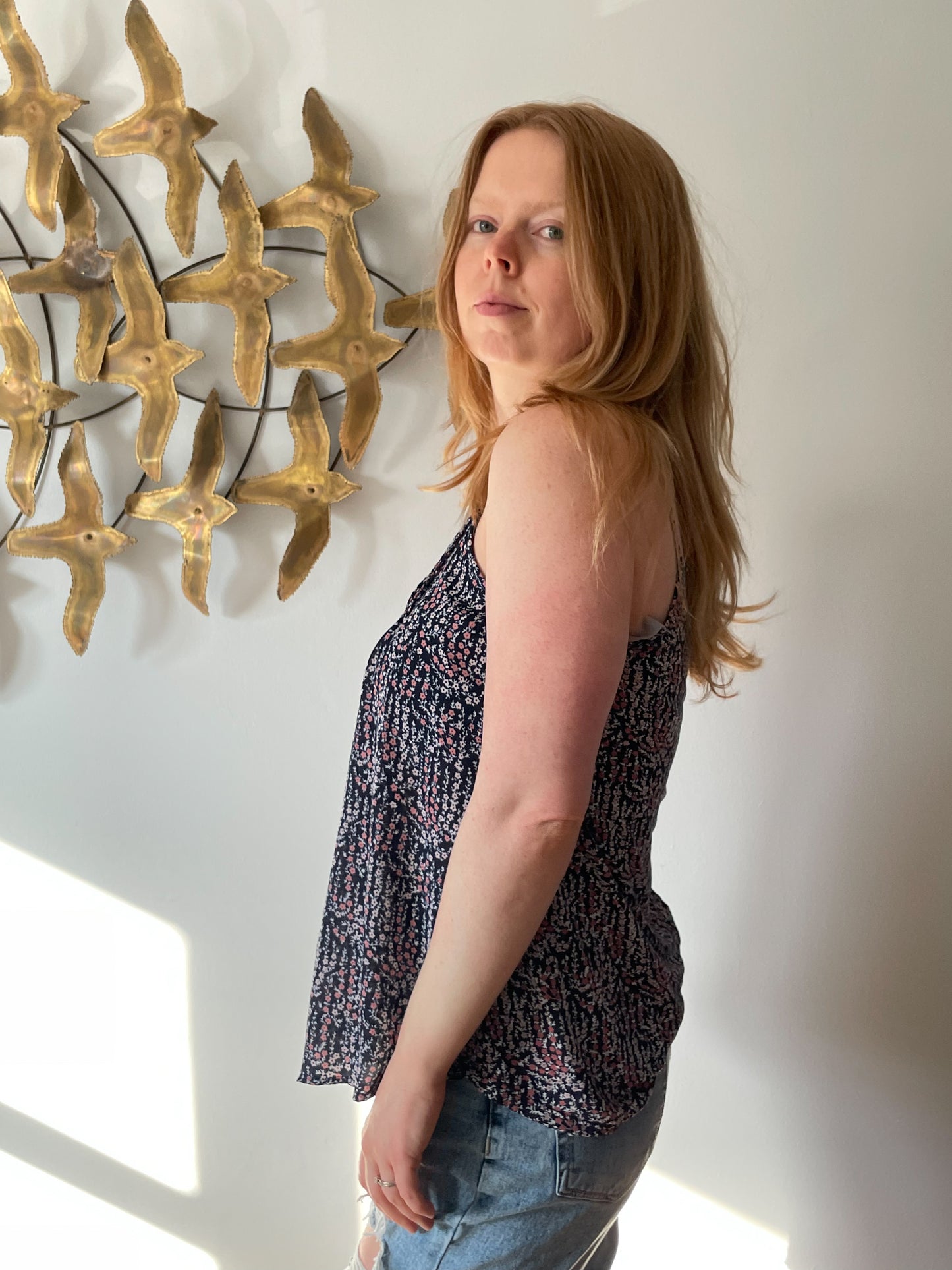LOFT Blue Micro Floral Halter Flowy Top - Small