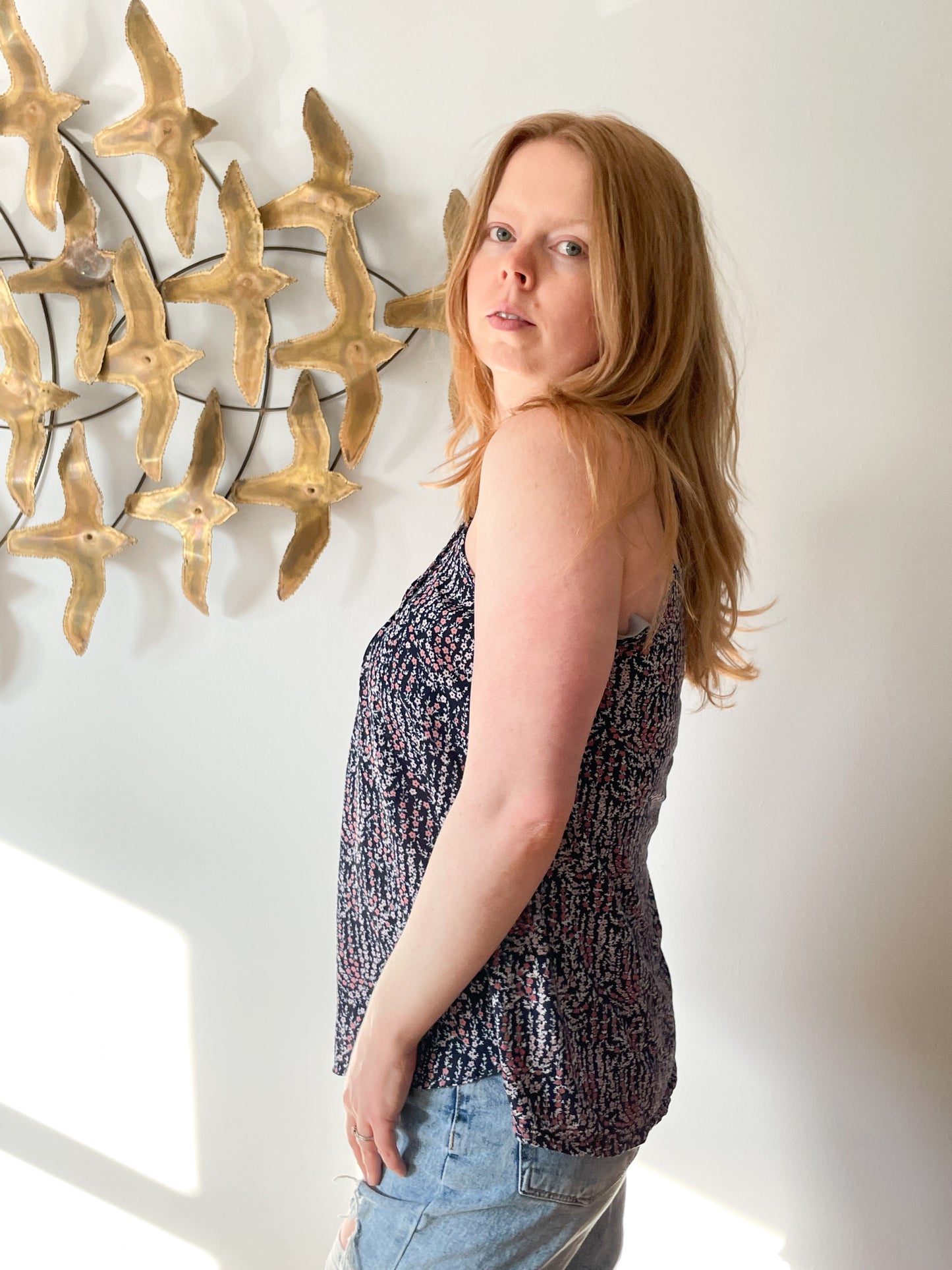 LOFT Blue Micro Floral Halter Flowy Top - Small