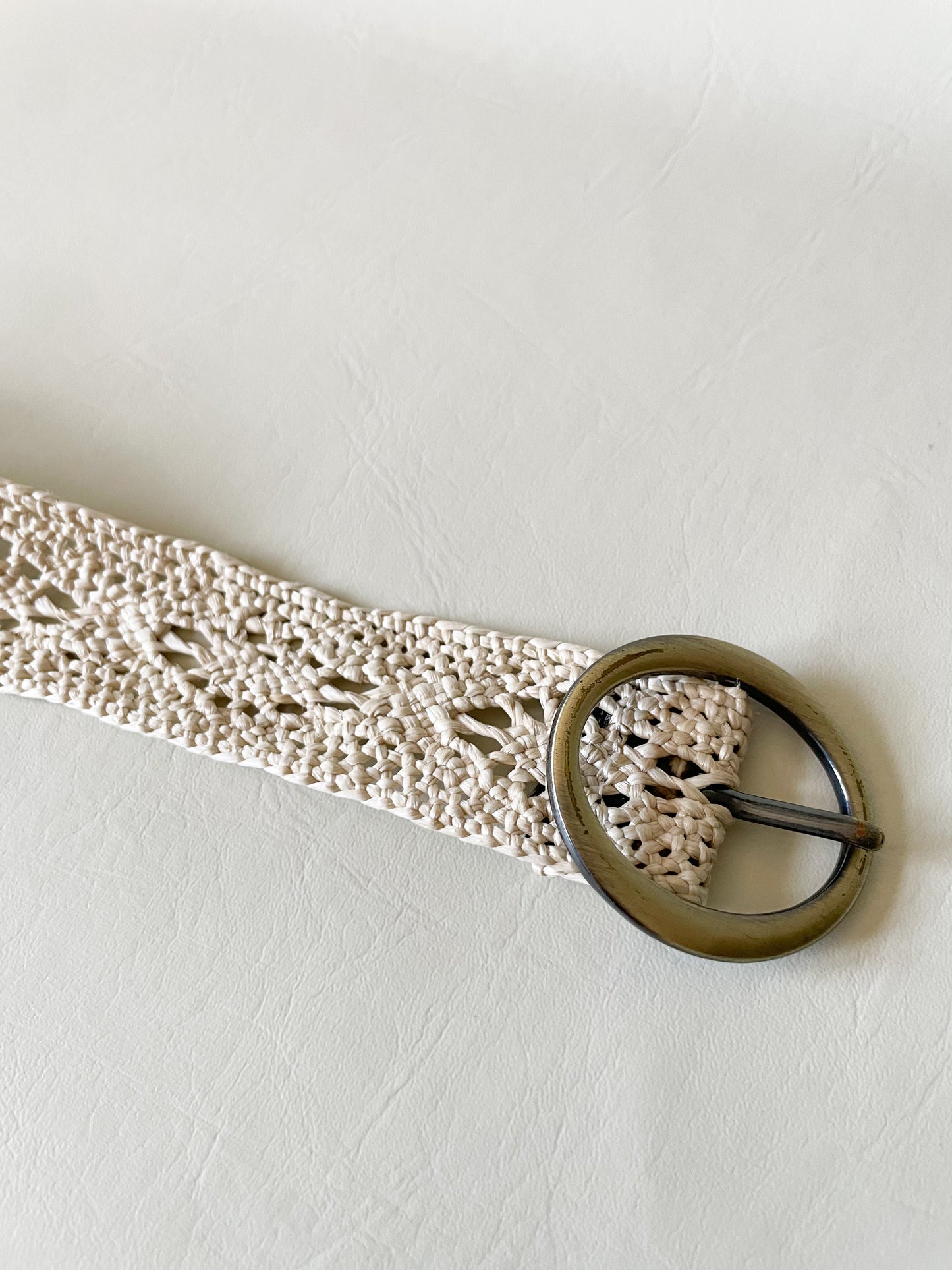 Cream Crochet Brushed Brass Buckle Belt - S/M