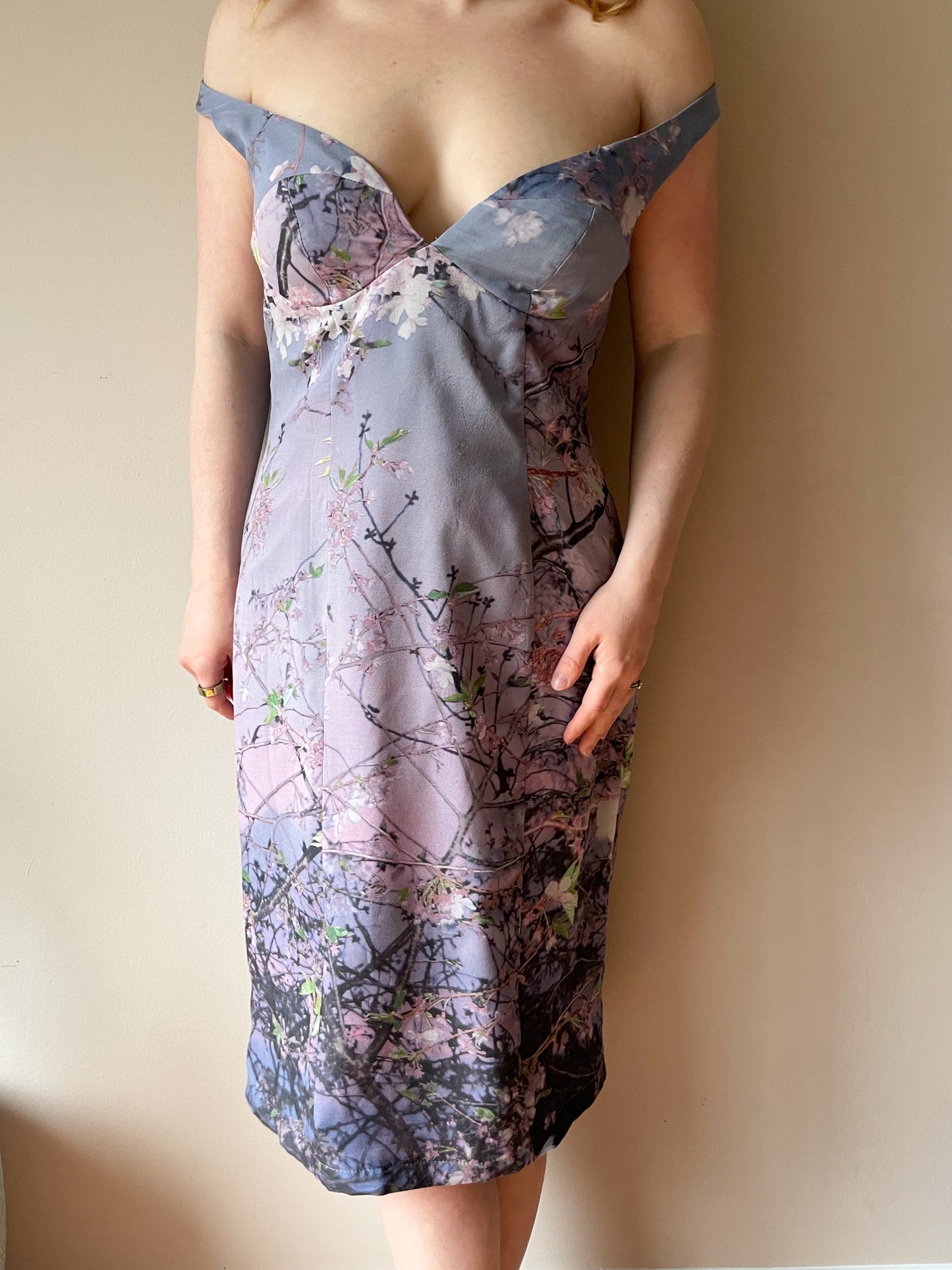 Pam Chorley's Fashion Crimes Lilac Cherry Blossom Off The Shoulder 100% Silk Dress - Medium