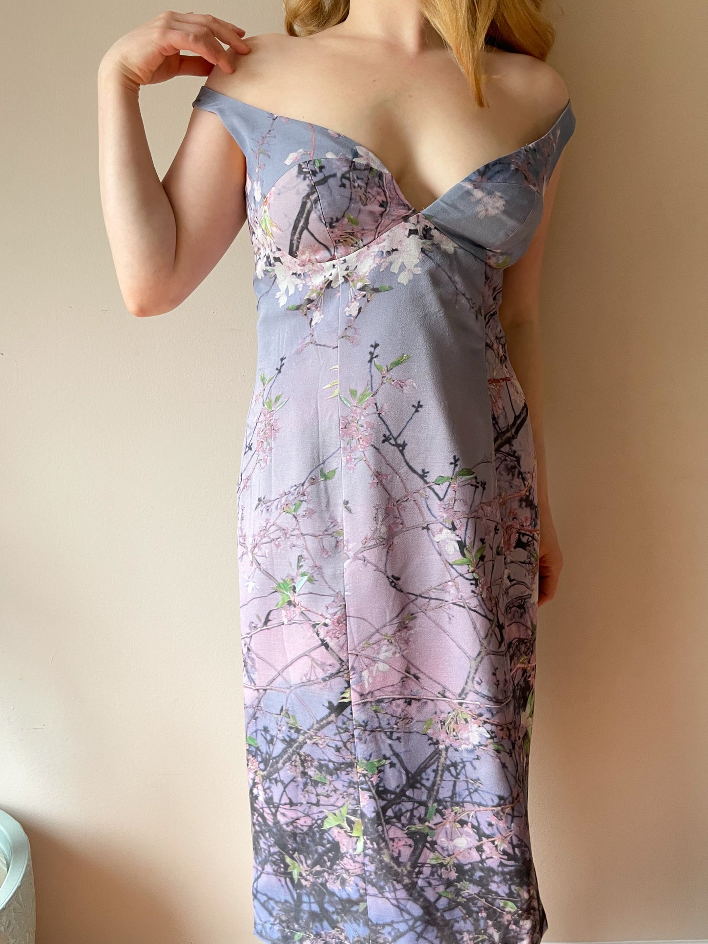 Pam Chorley's Fashion Crimes Lilac Cherry Blossom Off The Shoulder 100% Silk Dress - Medium