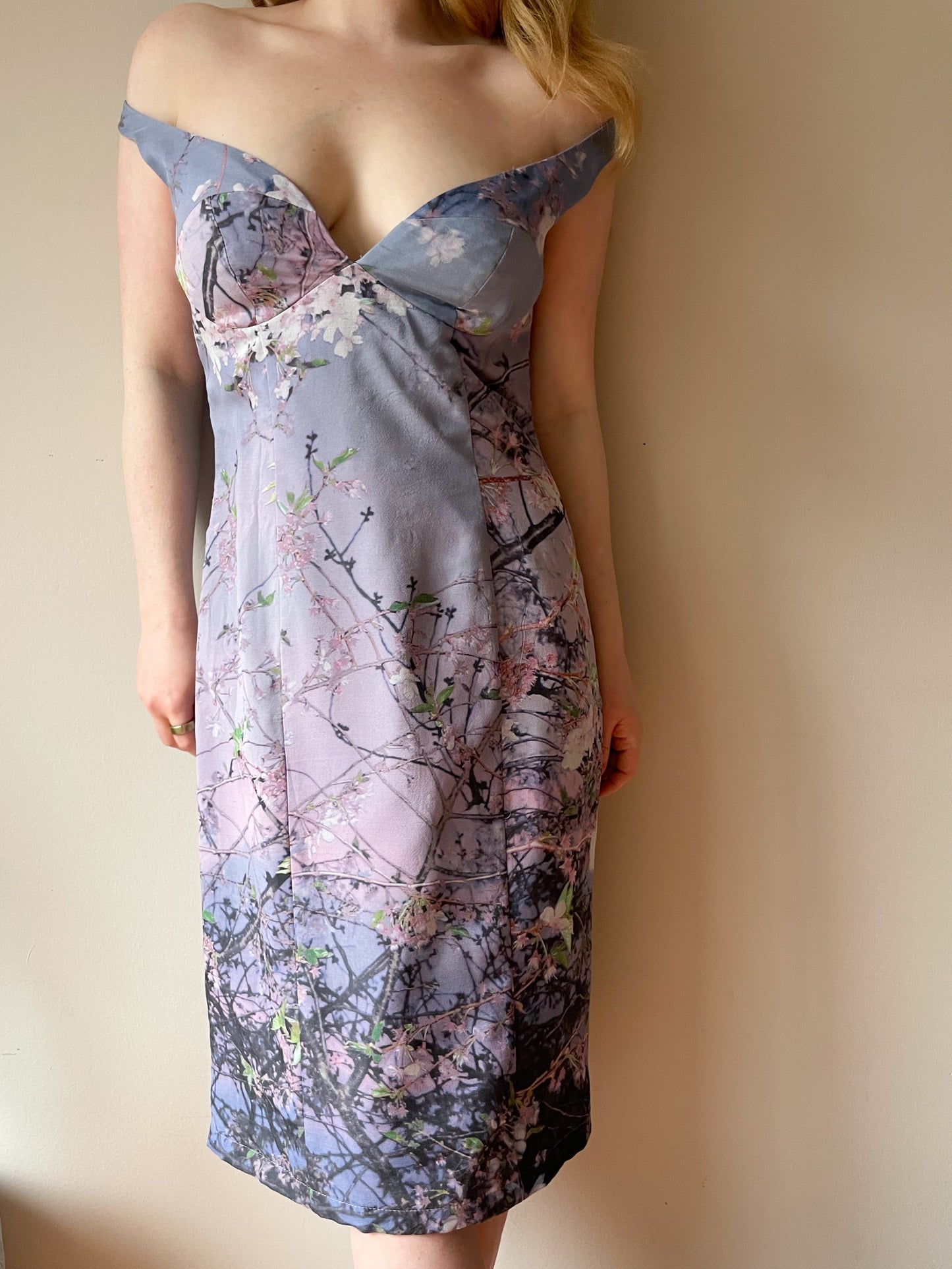 Pam Chorley’s Fashion Crimes Lilac Cherry Blossom 100% Silk Off-Shoulder Dress - Medium