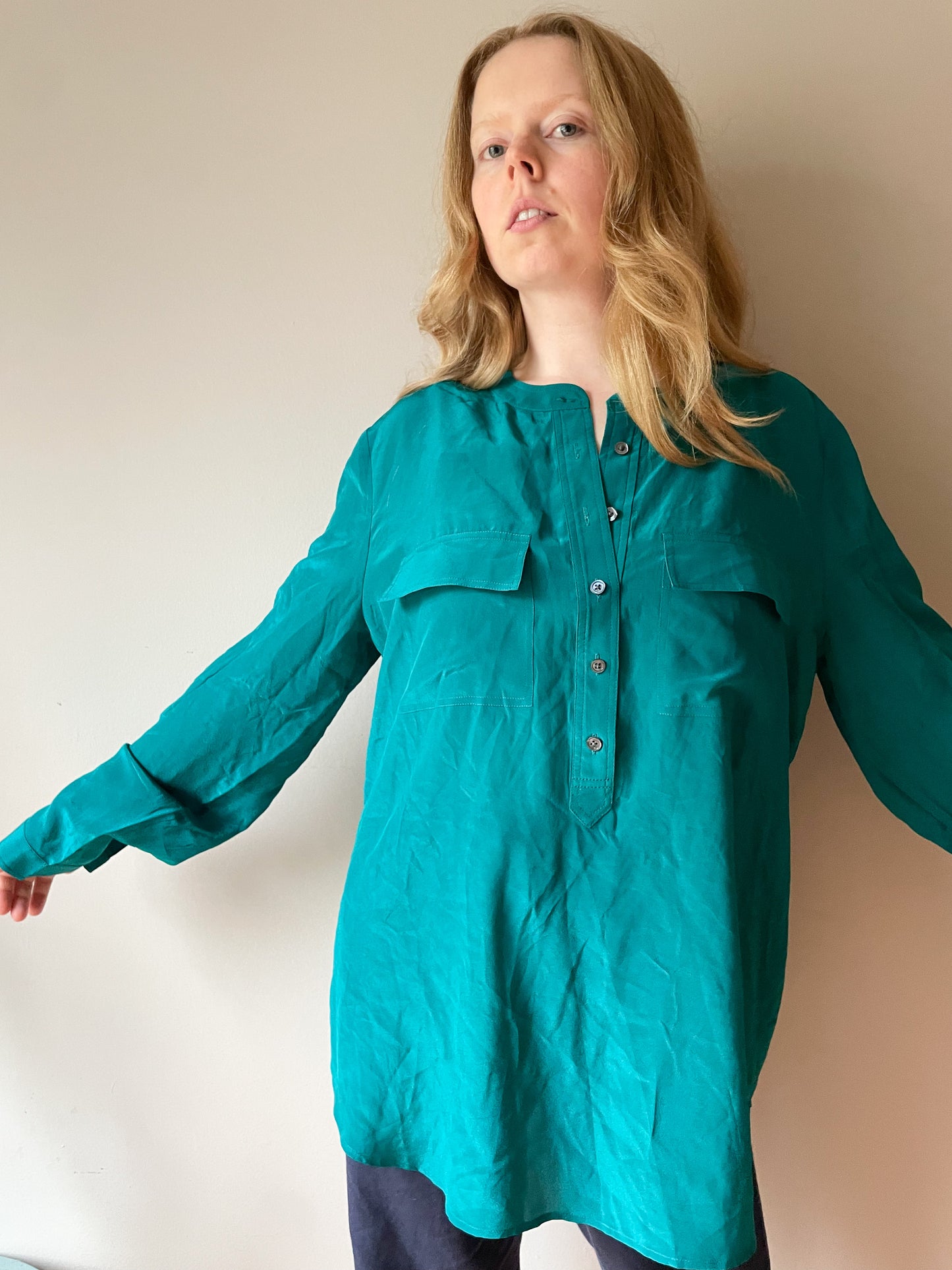 Banana Republic Teal 100% Silk Tunic Button Front Top - XL