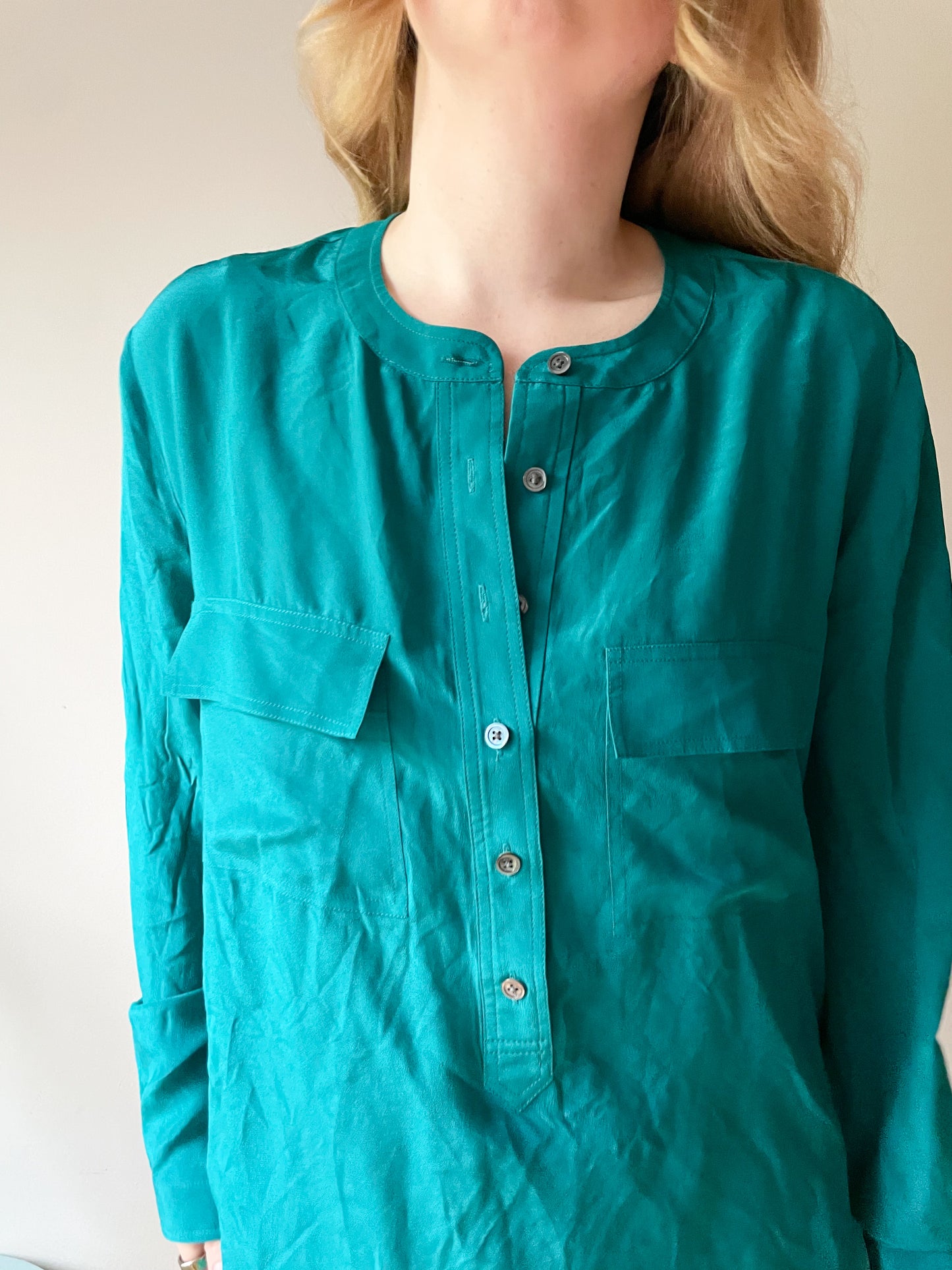 Banana Republic Teal 100% Silk Tunic Button Front Top - XL