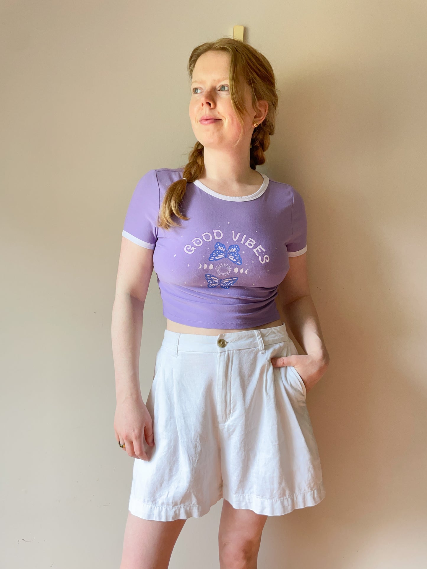 Good Vibes Butterfly Pueple Cropped T-Shirt - S/M