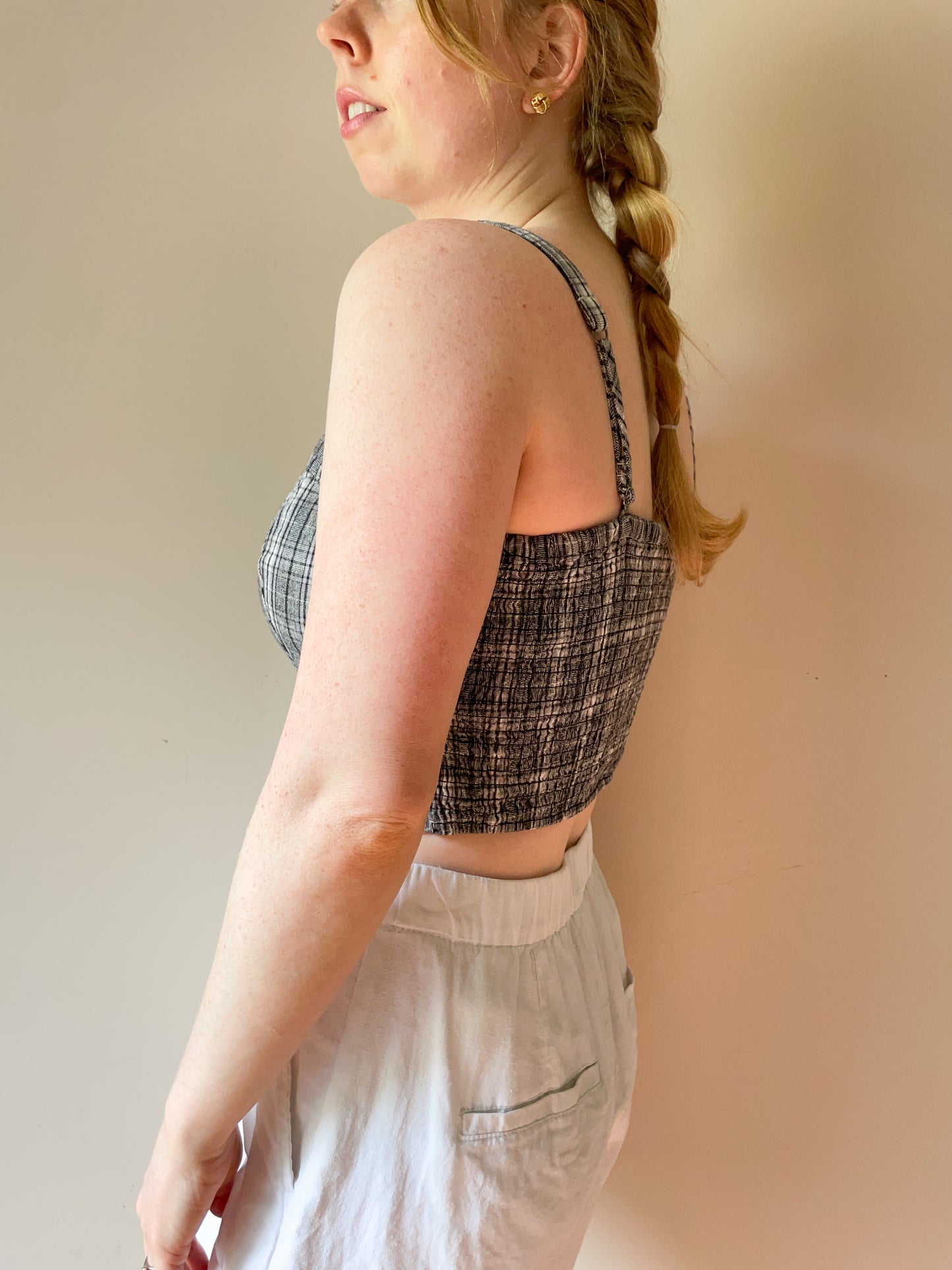 Hollister Grey Plaid Smocked Corset Square Neck Crop Top - Medium