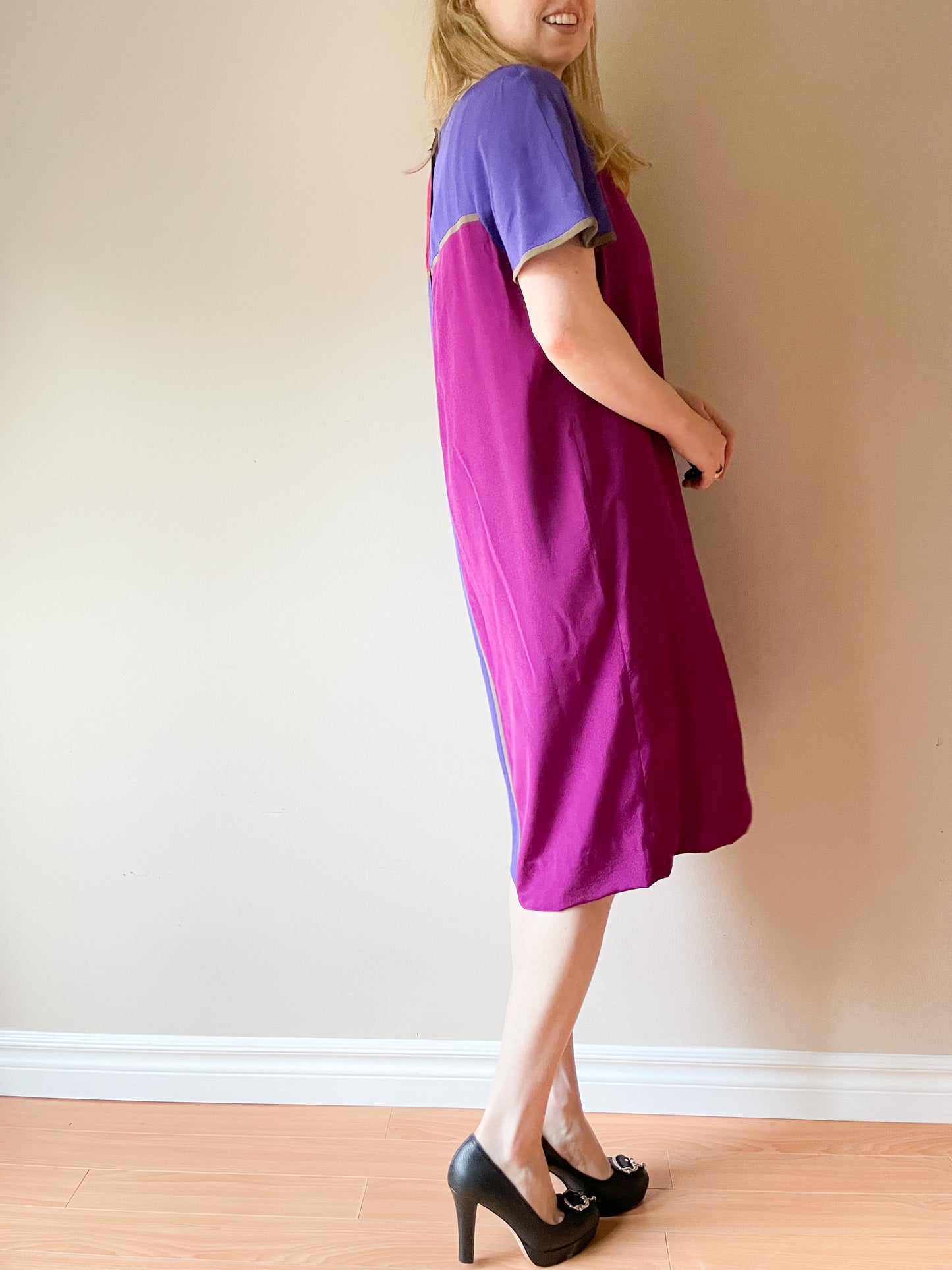 Vintage Nipon Boutique Colourblock Purple Magenta 100% Silk Shift Dress - Size 10