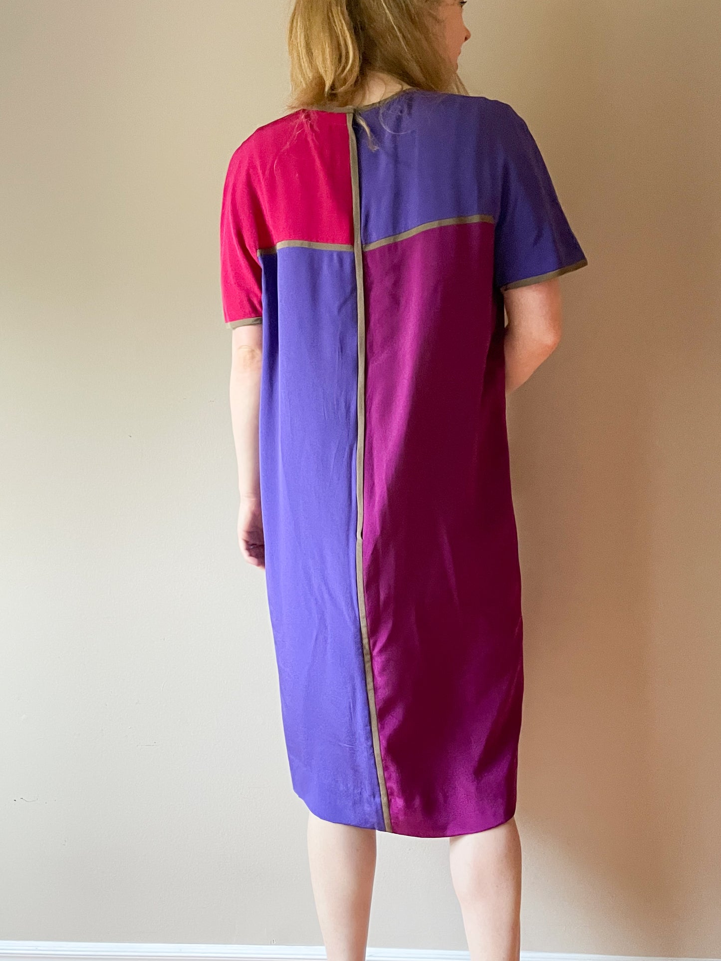 Vintage Nipon Boutique Colourblock Purple Magenta 100% Silk Shift Dress - Size 10