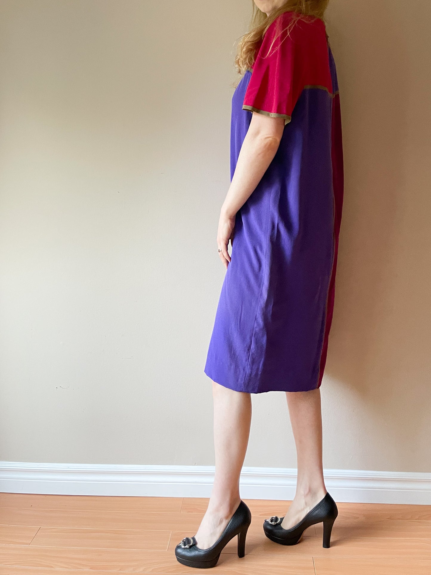 Vintage Nipon Boutique Colourblock Purple Magenta 100% Silk Shift Dress - Size 10