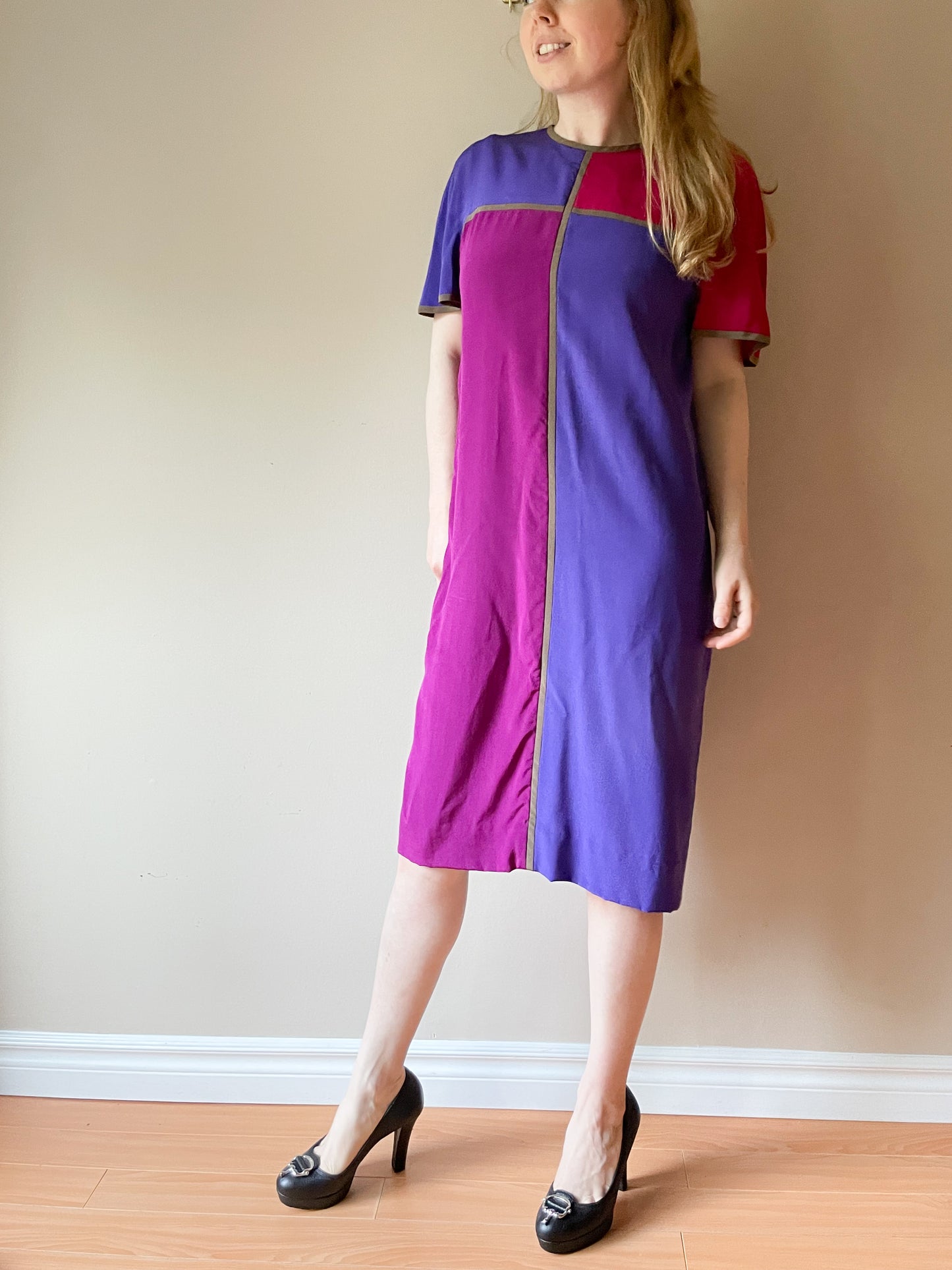 Vintage Nipon Boutique Colourblock Purple Magenta 100% Silk Shift Dress - Size 10