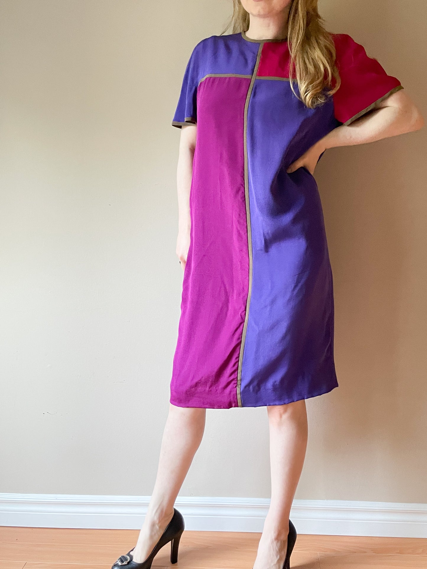 Vintage Nipon Boutique Colourblock Purple Magenta 100% Silk Shift Dress - Size 10