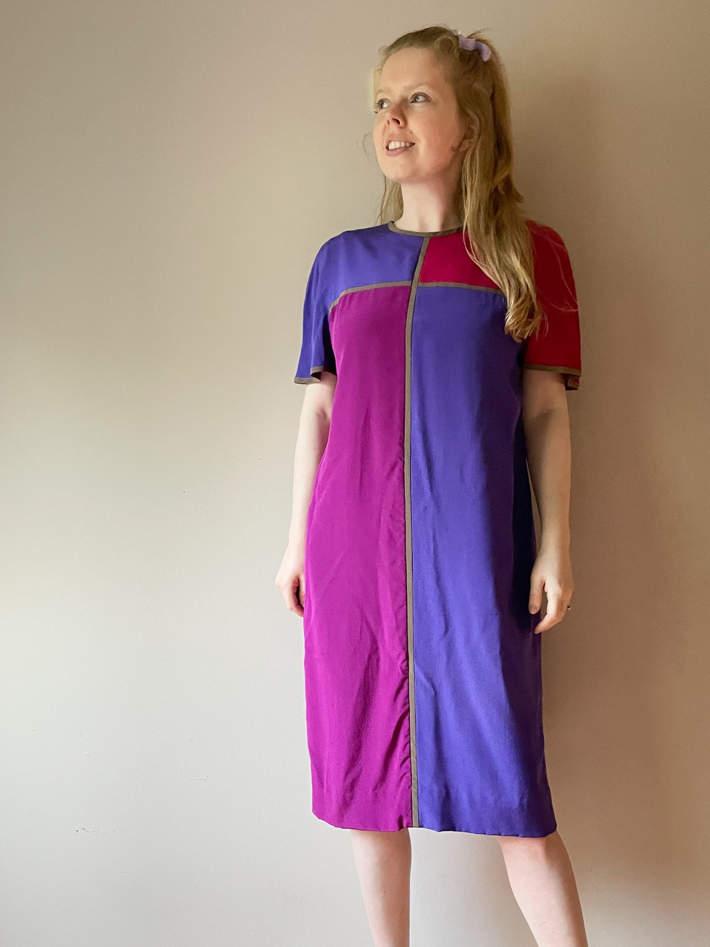 Vintage Nipon Boutique Colourblock Purple Magenta 100% Silk Shift Dress - Size 10