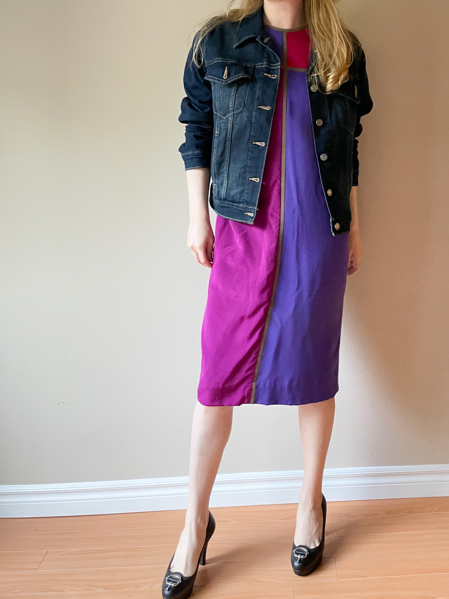 Vintage Nipon Boutique Colourblock Purple Magenta 100% Silk Shift Dress - Size 10