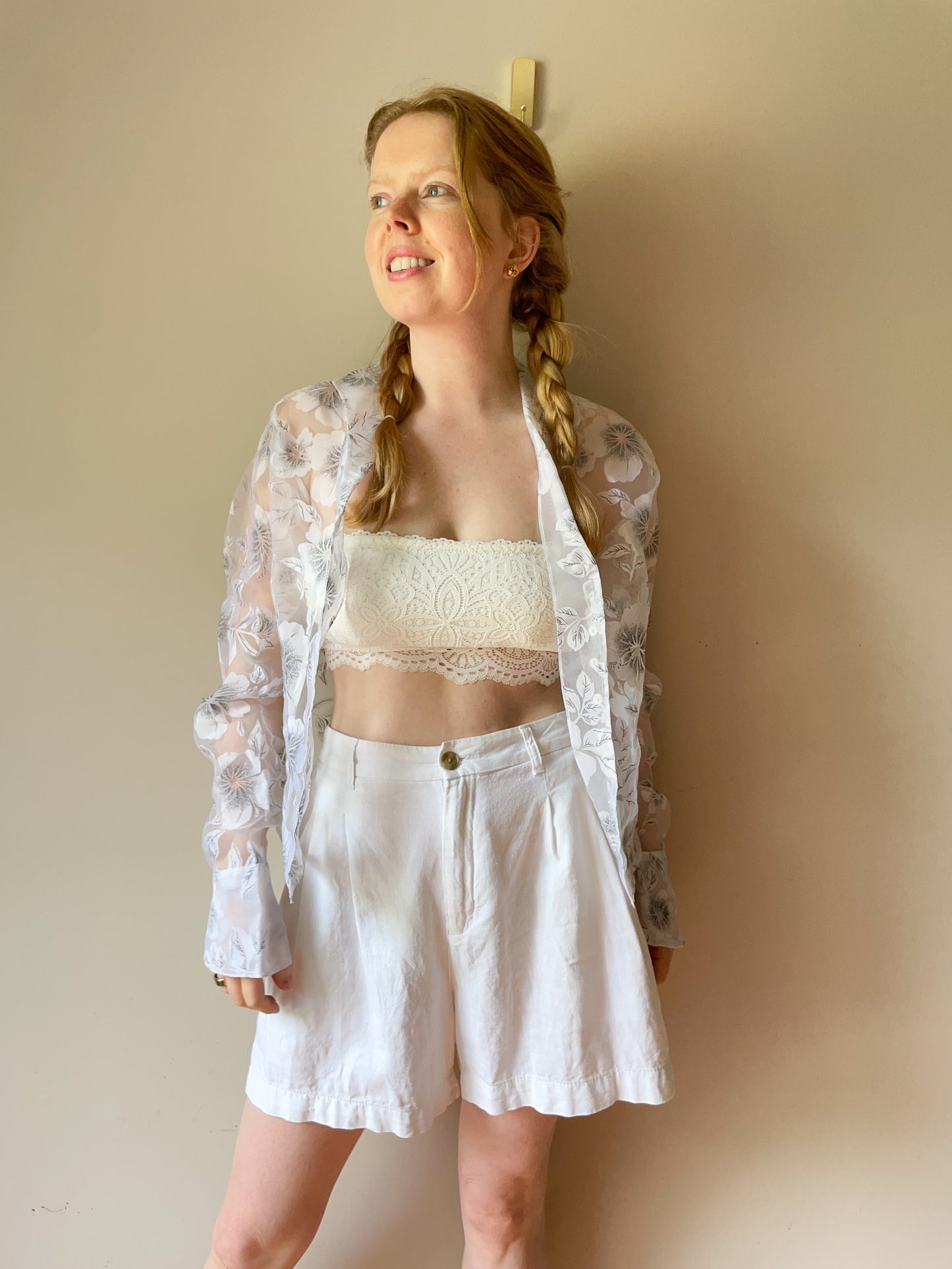 White Sheer Hibiscus Floral Print Button Down Shirt - Medium