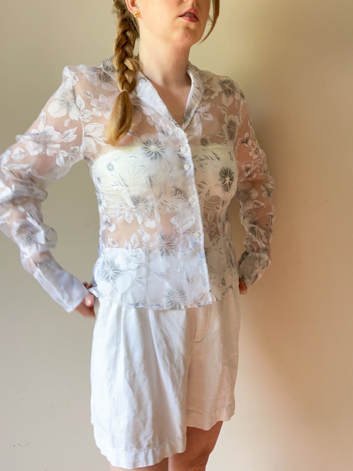 White Sheer Hibiscus Floral Print Button Down Shirt - Medium