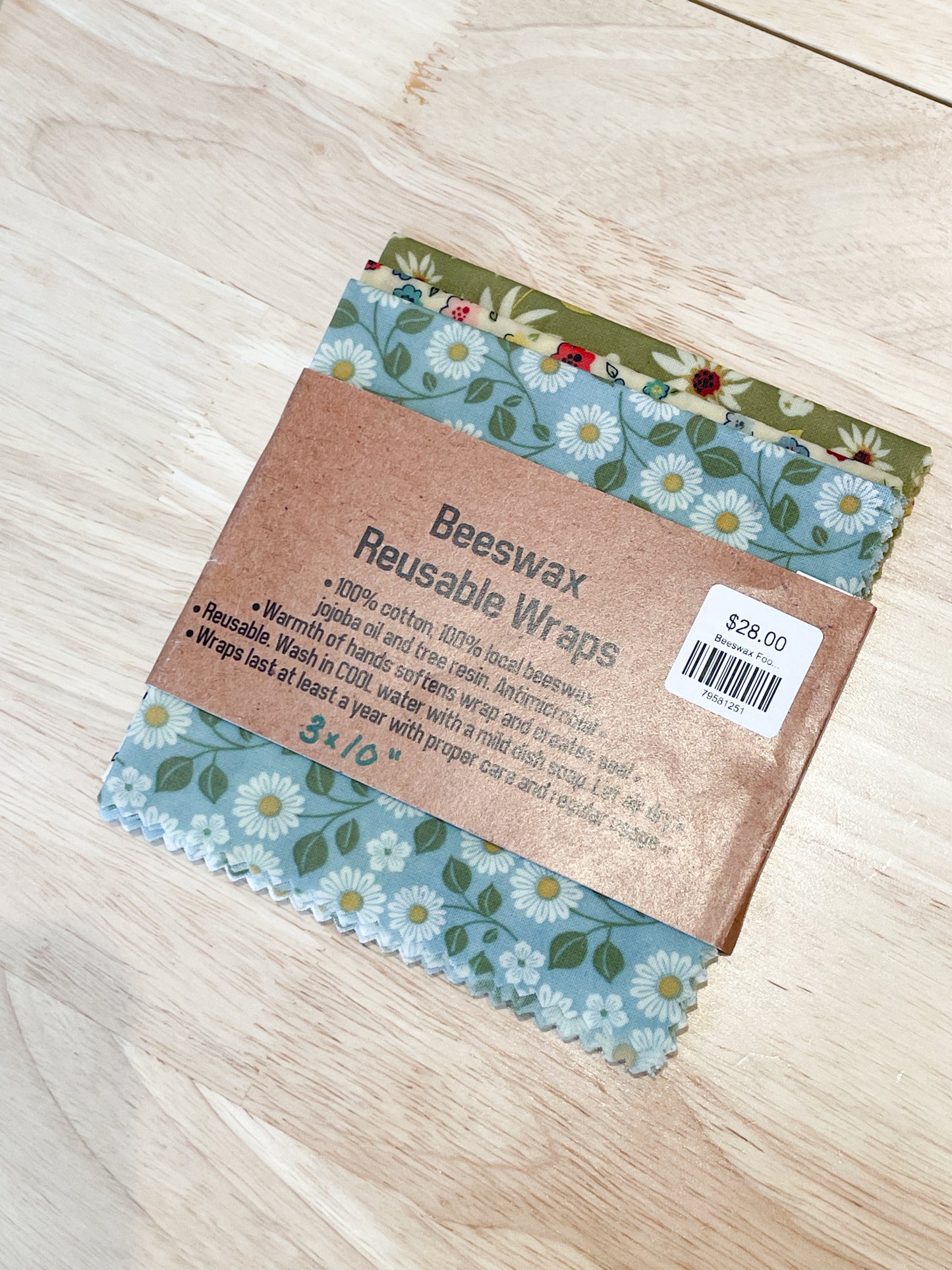 Beeswax Food Wraps Reusable Zero-Waste Kitchen - 3 Pack (10" x 10")