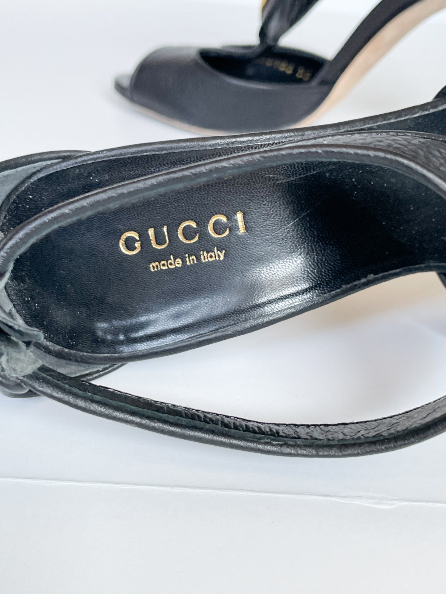 GUCCI Black Genuine Leather Logo Peeptoe 4" Heels - Size 35