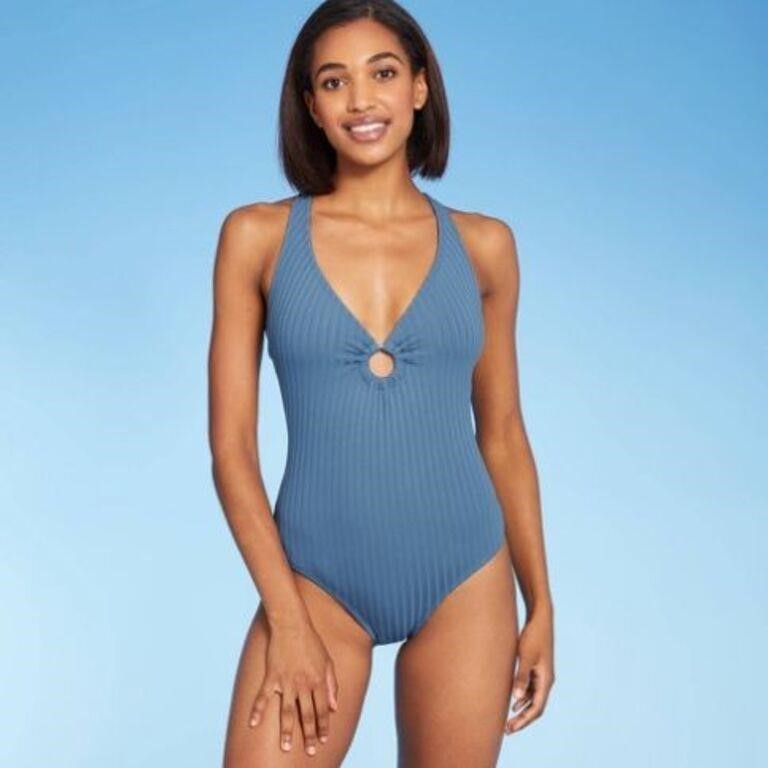 Kona Sol Dusty Blue Ribbed Ring Back Cutout One Piece Swimsuit NWOT - XL