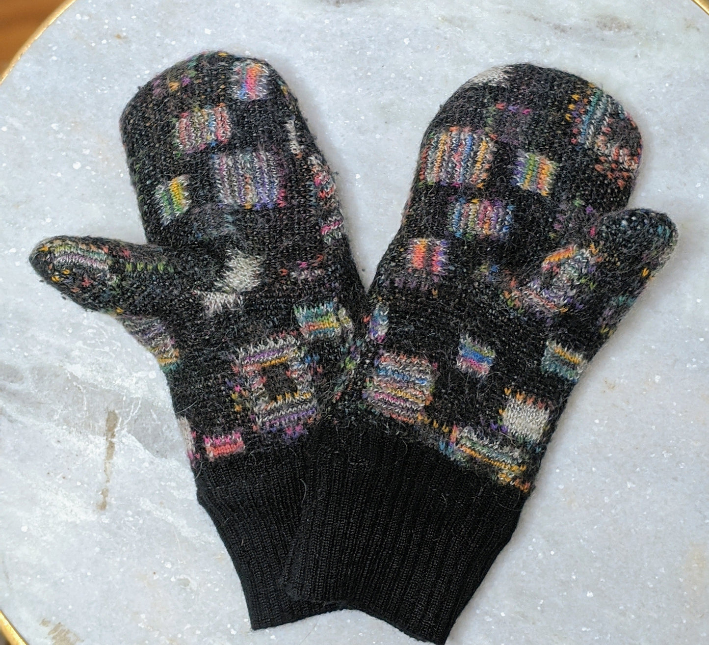 Upcycled Charcoal Rainbow Square Wool Fleece Lined Mittens