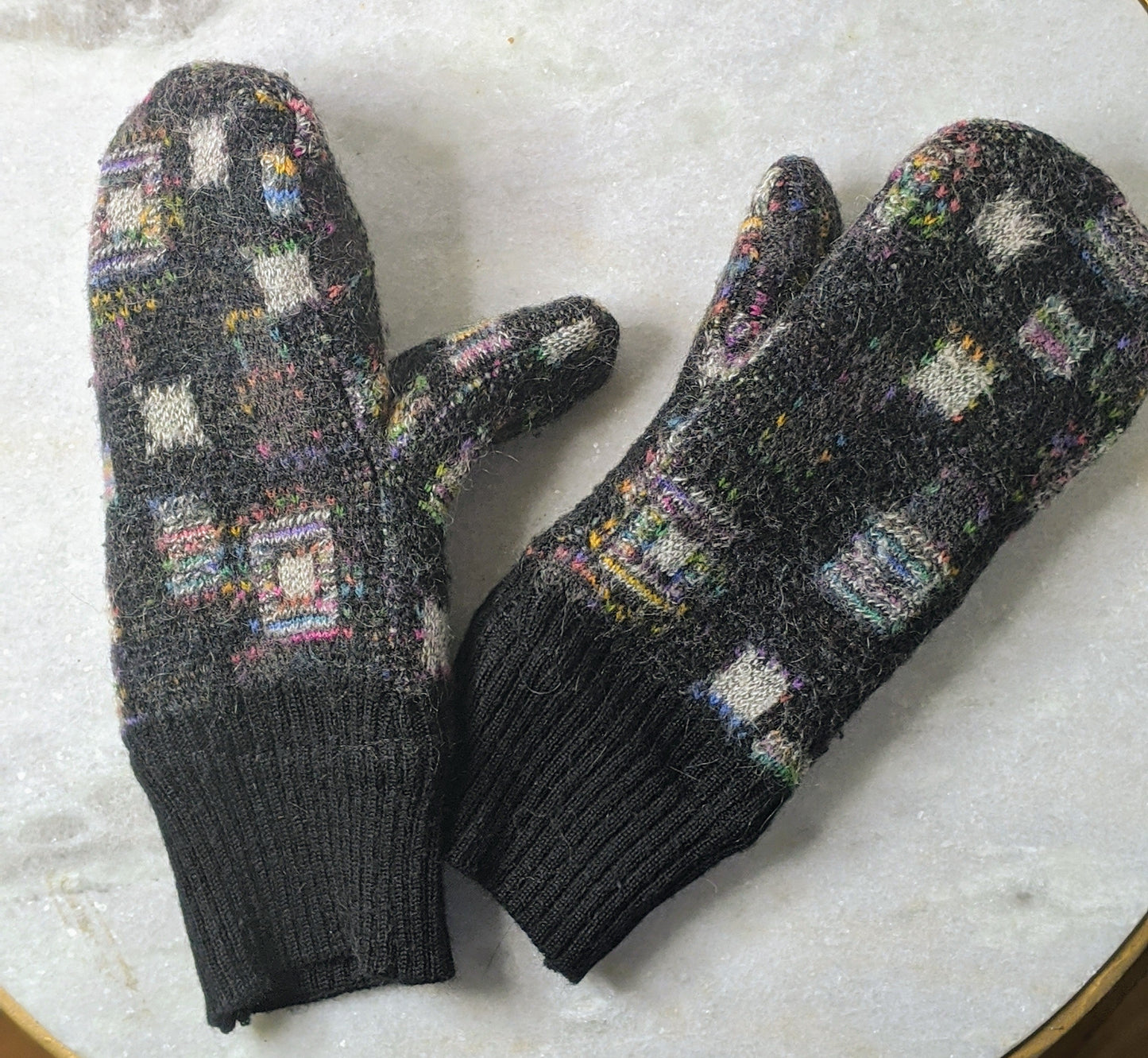 Upcycled Charcoal Rainbow Square Wool Fleece Lined Mittens