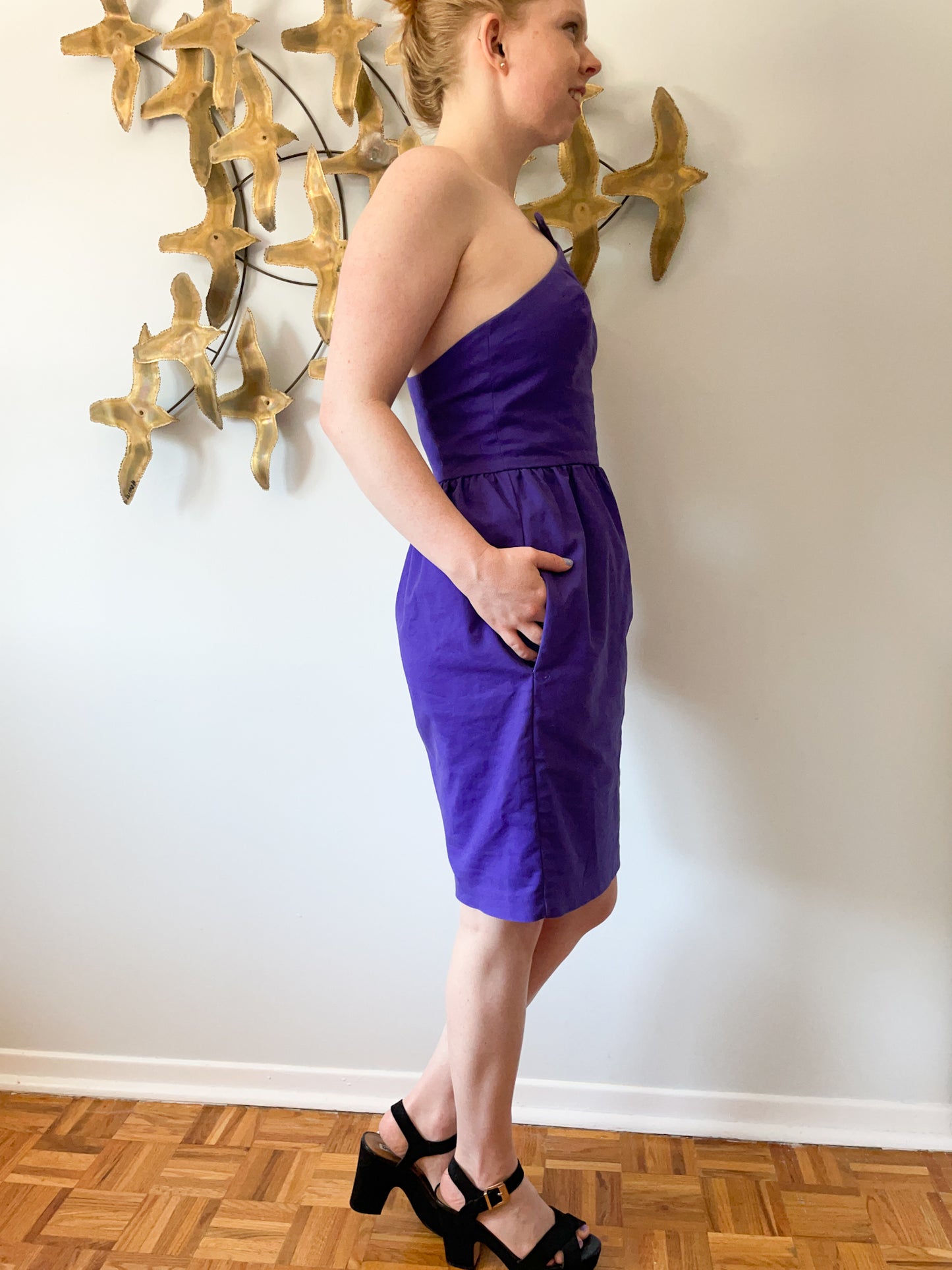 French Connection Purple Cotton Stretch One Shoulder Dress - Small