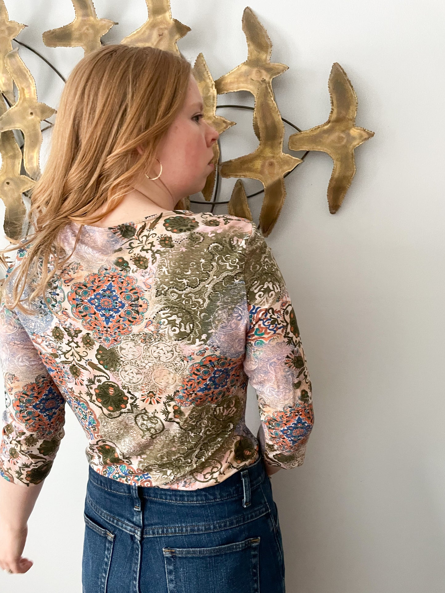 Tribal Olive Green Floral Patterned V-Neck 3/4 Sleeve Top - Large
