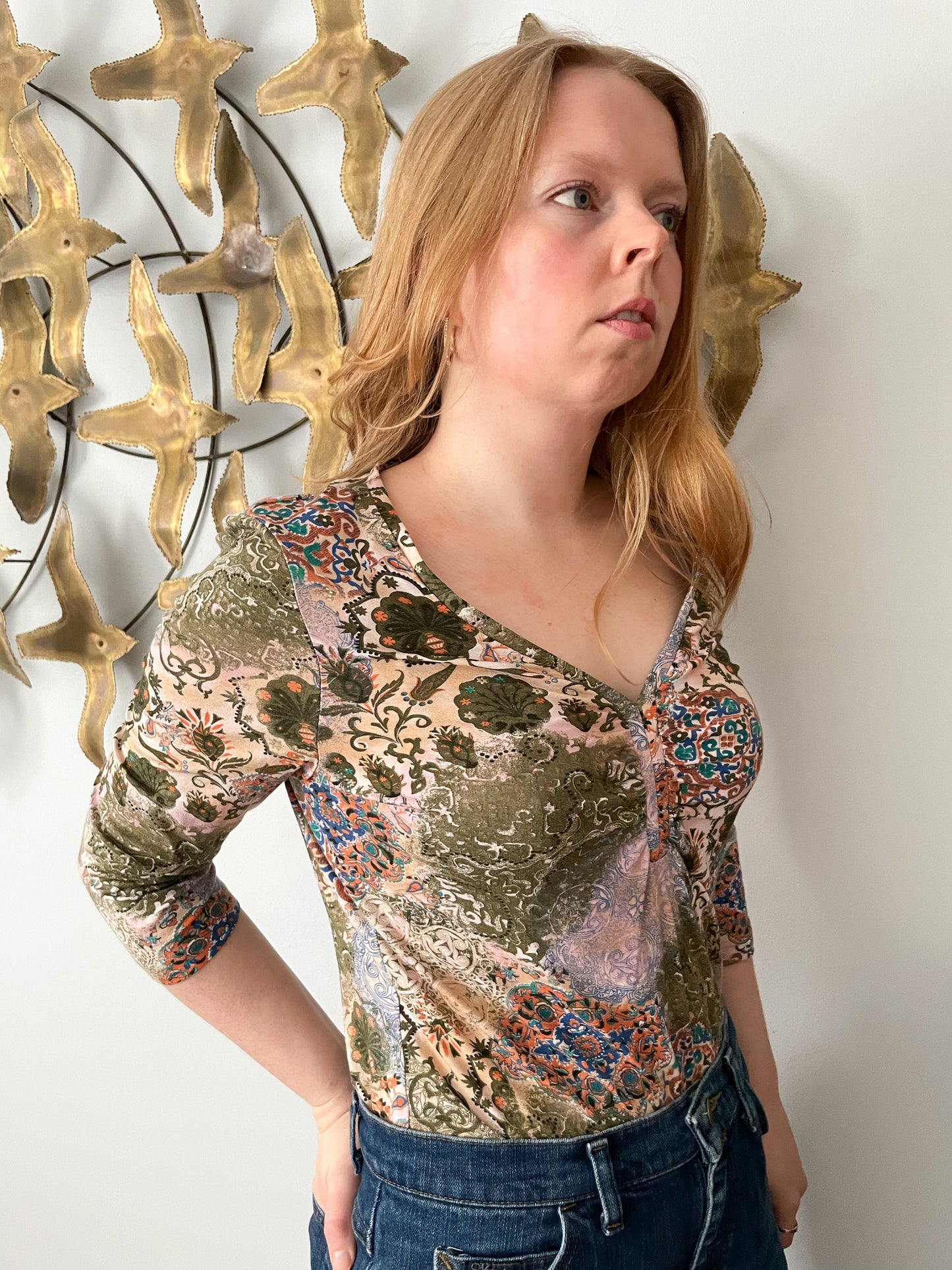 Tribal Olive Green Floral Patterned V-Neck 3/4 Sleeve Top - Large